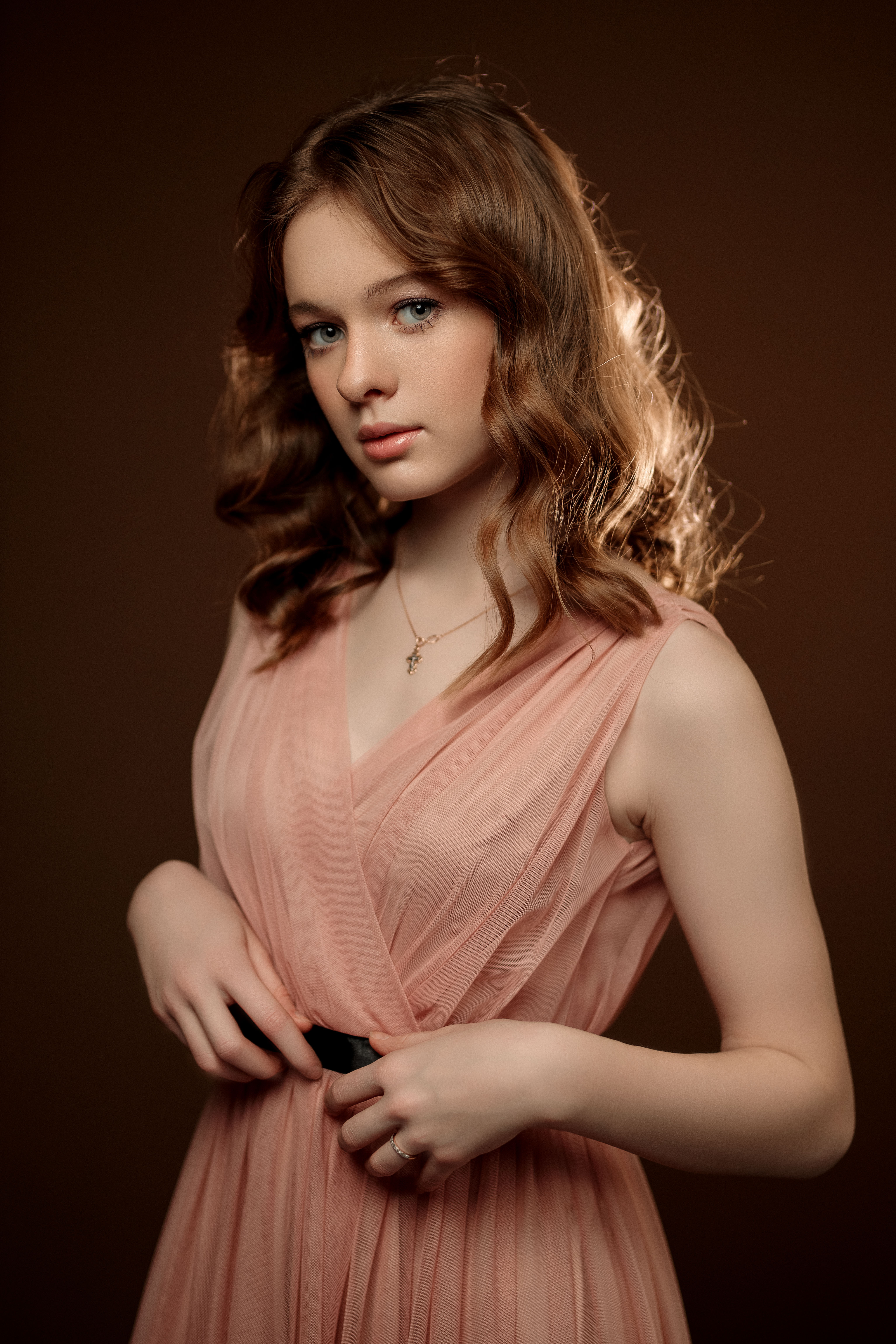 Vladimir Vasilev Women Brunette Wavy Hair Shoulder Length Hair Dress Pink Clothing Belt Simple Backg 4101x6151