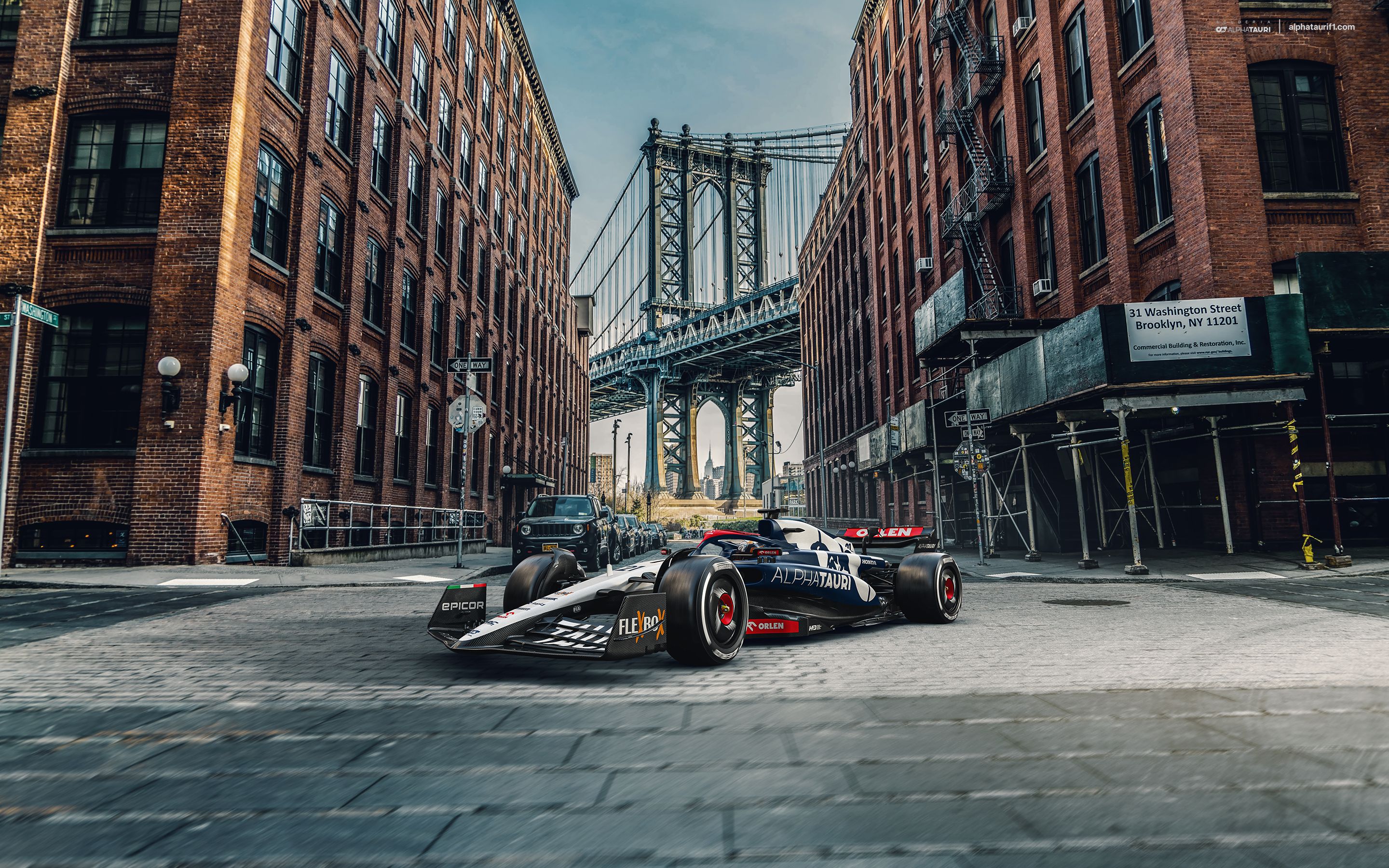 Formula 1 Formula Cars Race Cars Scuderia AlphaTauri New York City Brooklyn Manhattan Bridge Car Fro 2880x1800