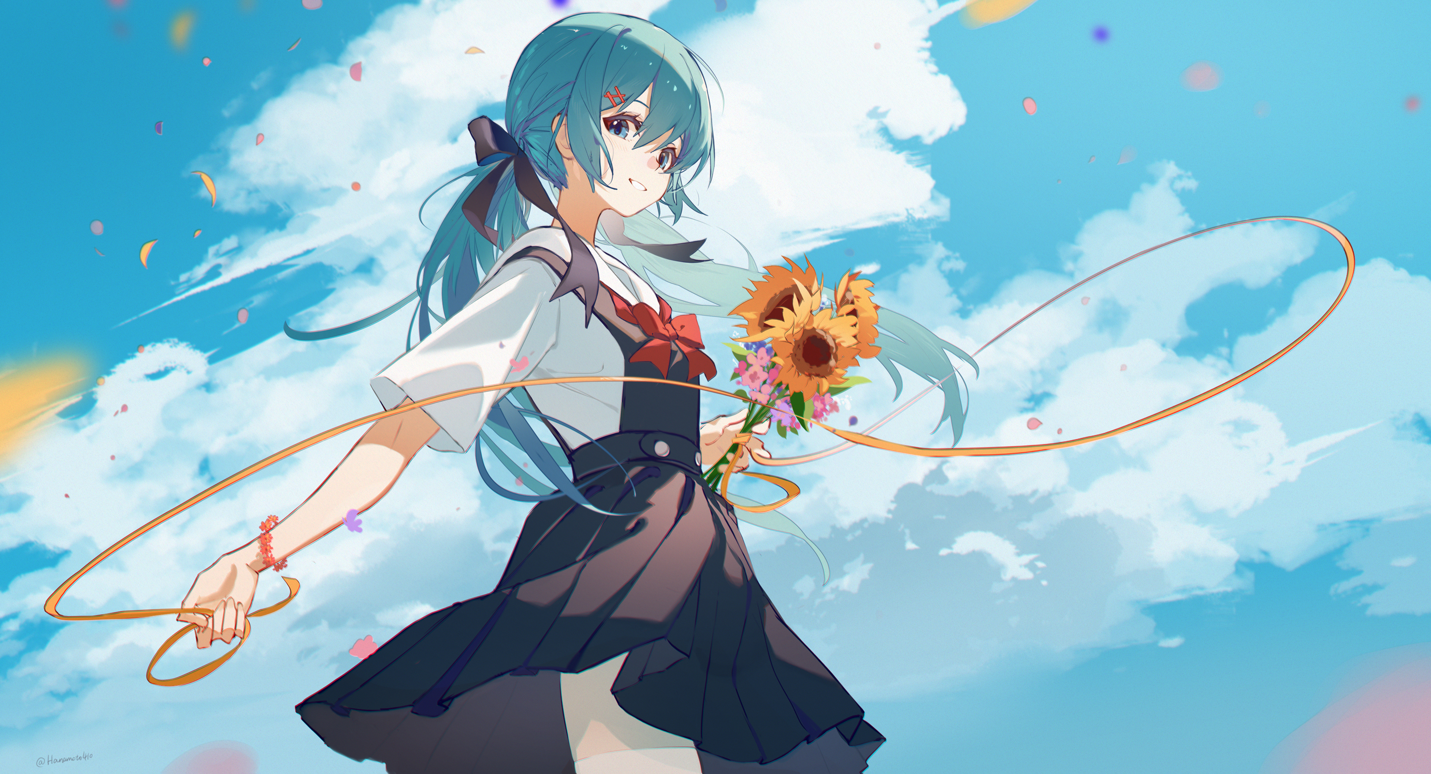 Anime Anime Girls Blue Hair Flowers Dandelion 2836x1535