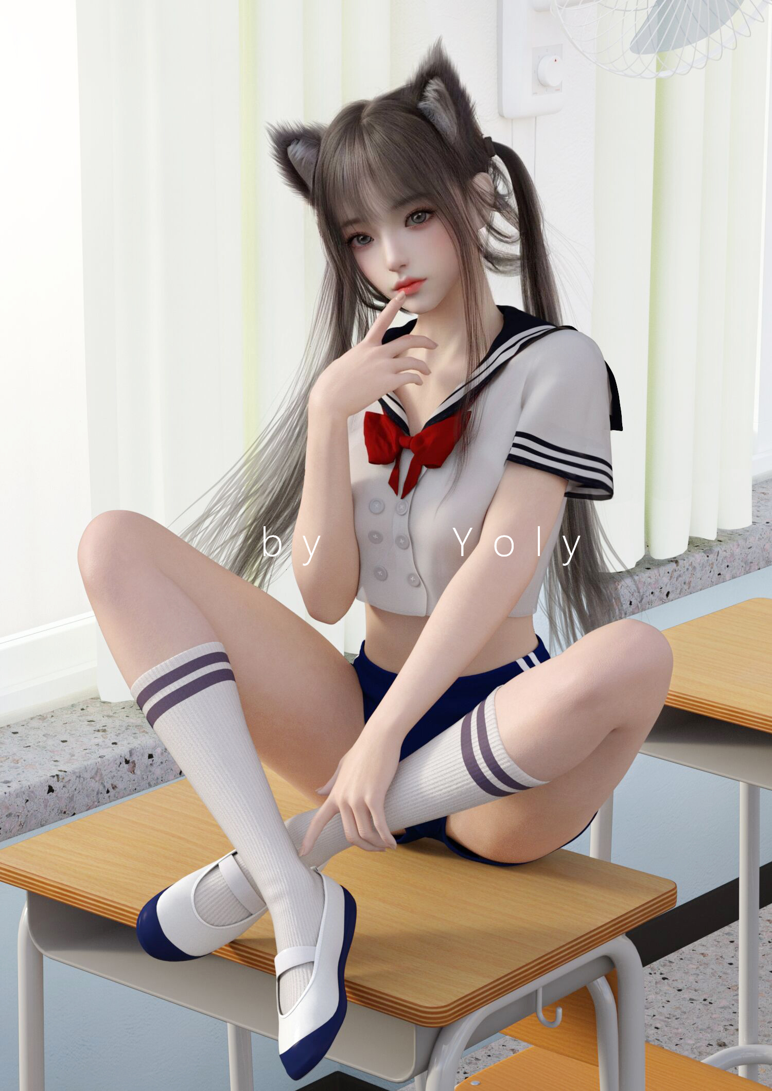 Yoly CGi Digital Art Asian Women School Skirt Schoolgirl School Girl Strikers School Uniform Classro 1500x2121