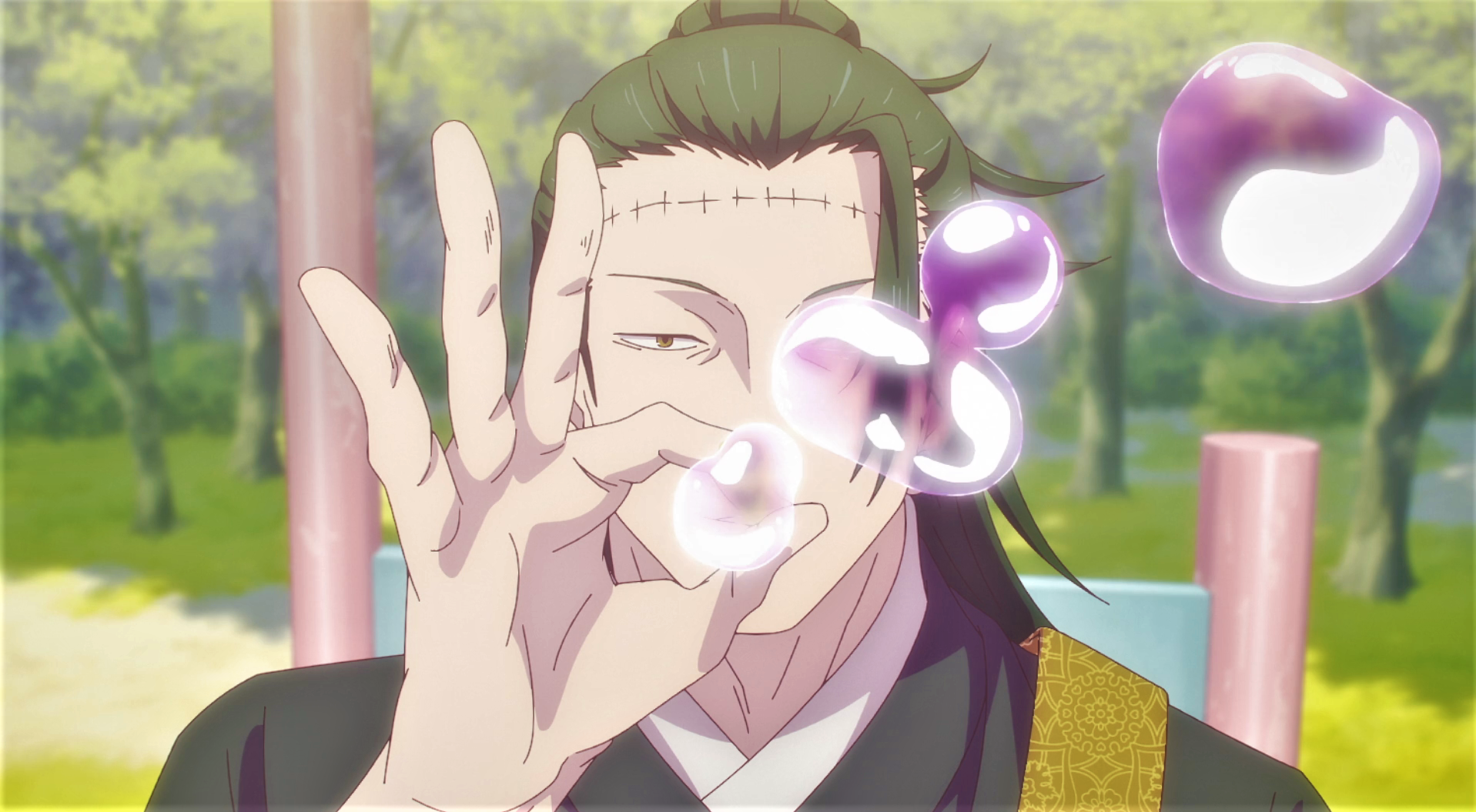 Suguru Geto Bubbles Hands Bun Trees Anime Anime Screenshot Anime Boys Scars Jujutsu Kaisen Sunlight  1917x1055