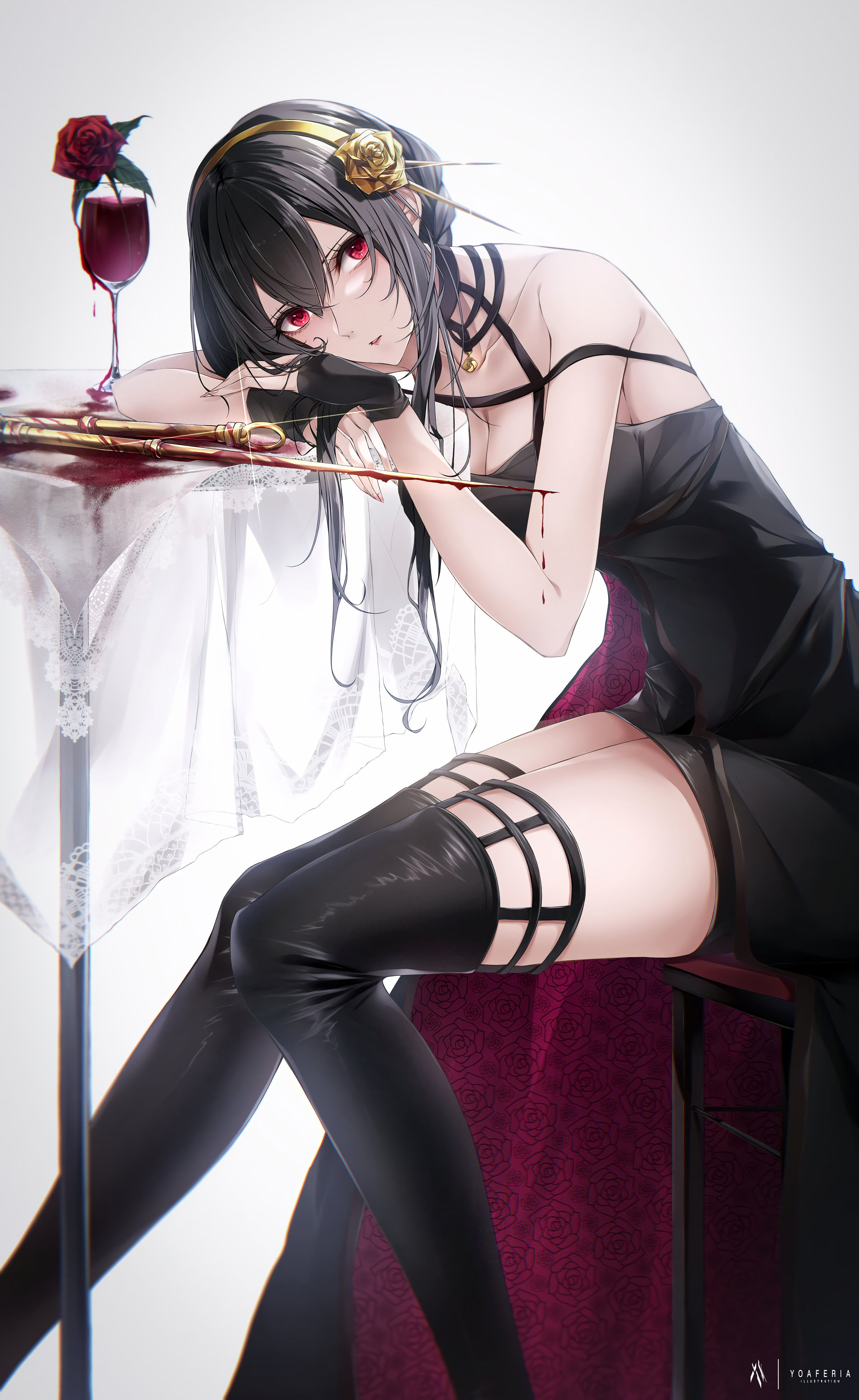 Anime Anime Girls Yor Forger Spy X Family Red Eyes Black Hair Wine Glass Rose Wine 2394x3900