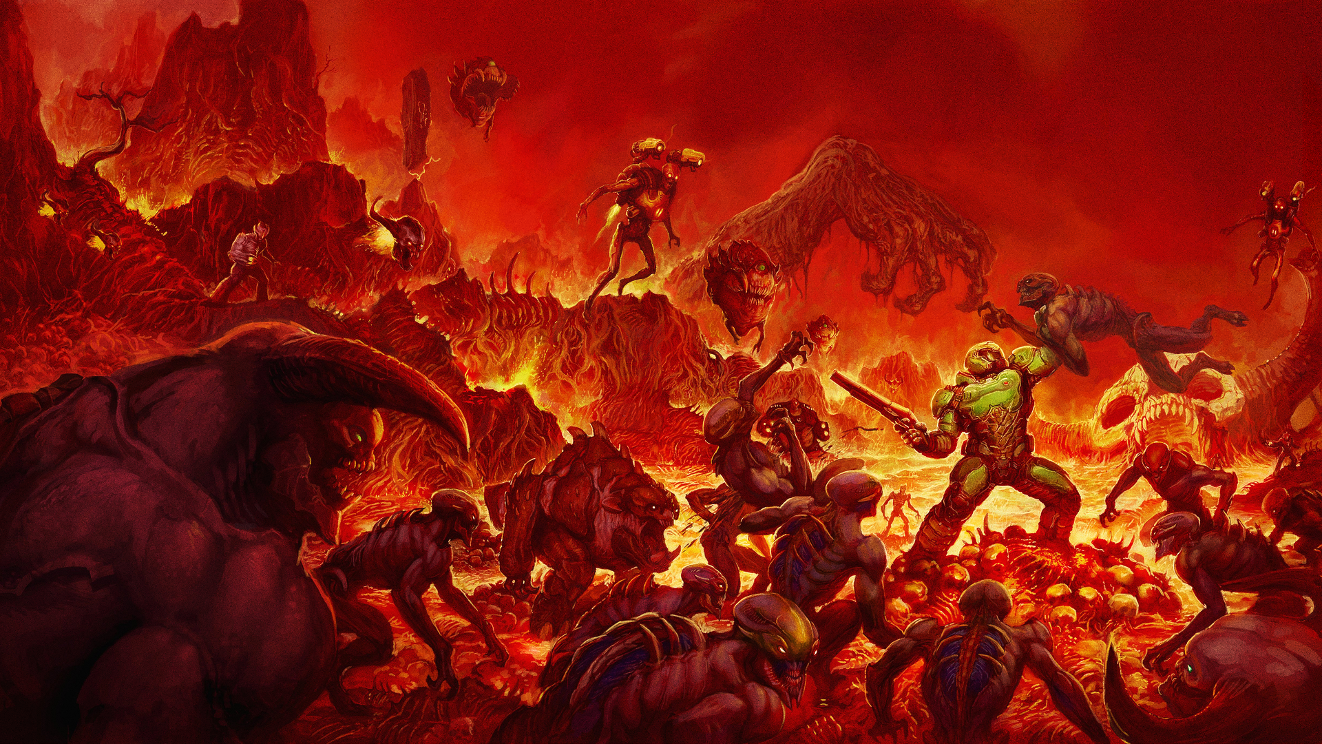 Doom 2016 Doom Slayer Video Game Characters Armor Video Game Art Video Games Gun Lava Demon 1920x1080