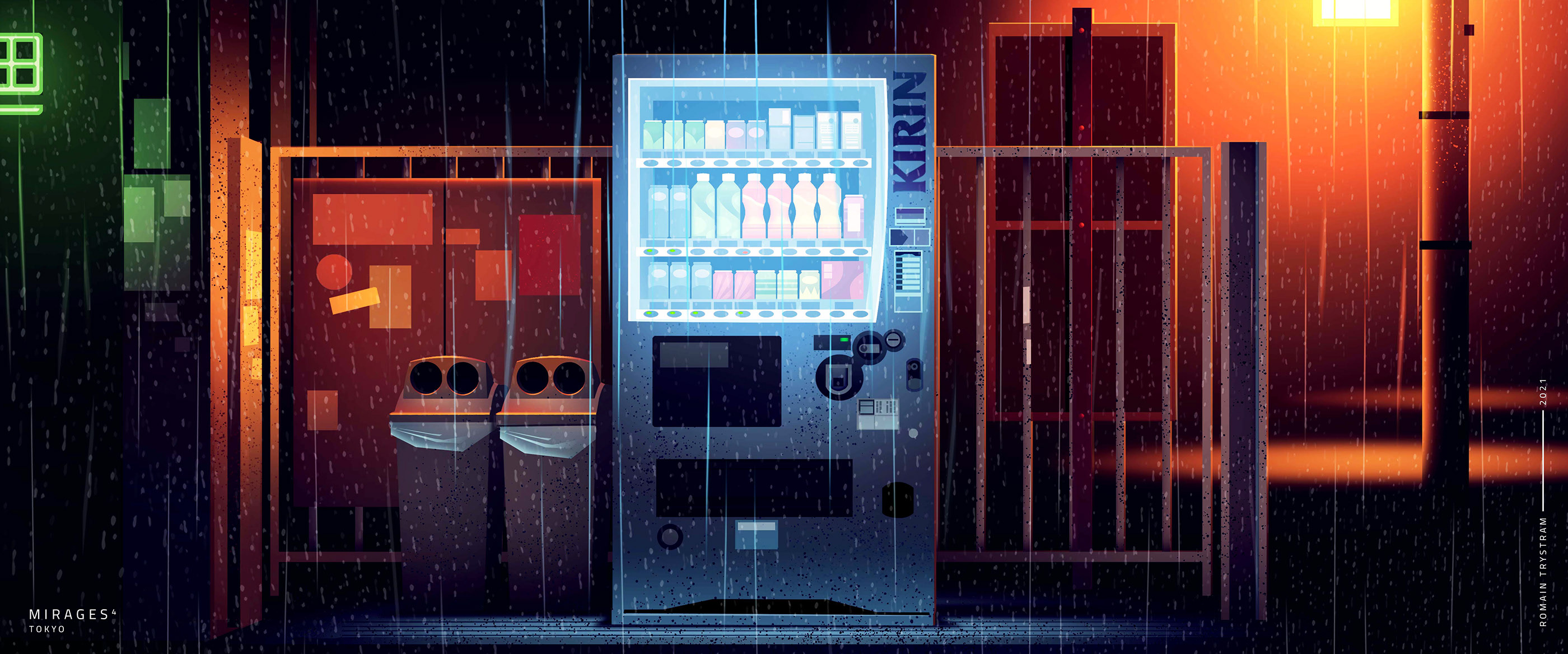 Romain Trystram Digital Art Neon Lights Rain Tokyo Vending Machine Trash Bin 2800x1168