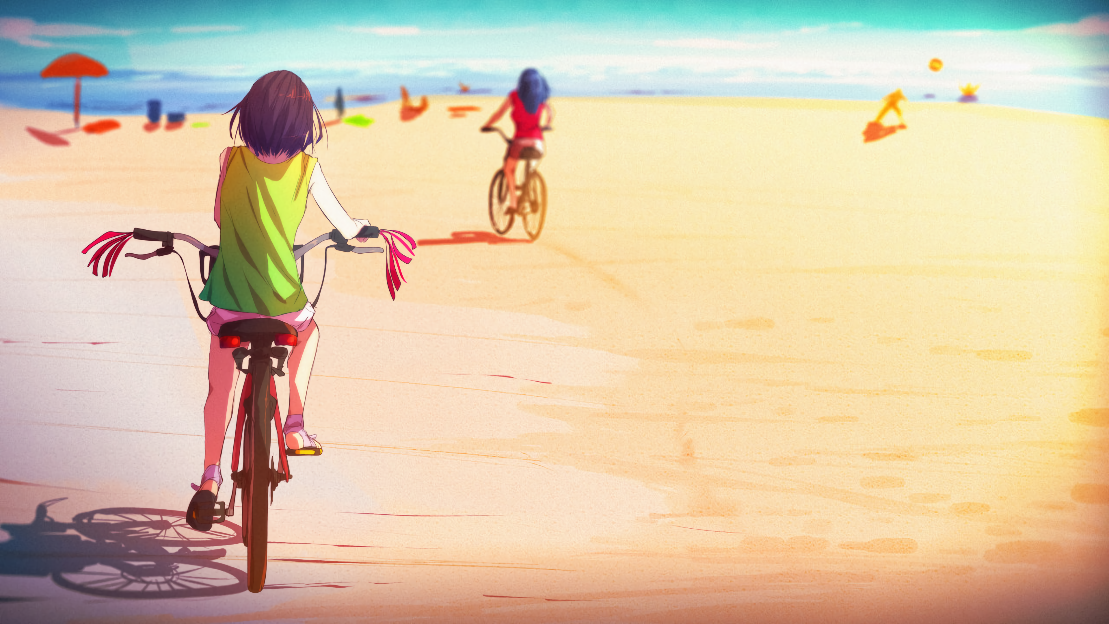 Tom Skender Anime Girls Anime DeviantArt Bicycle Beach Sand Water Sunlight Shadow Clouds Sky 3840x2160