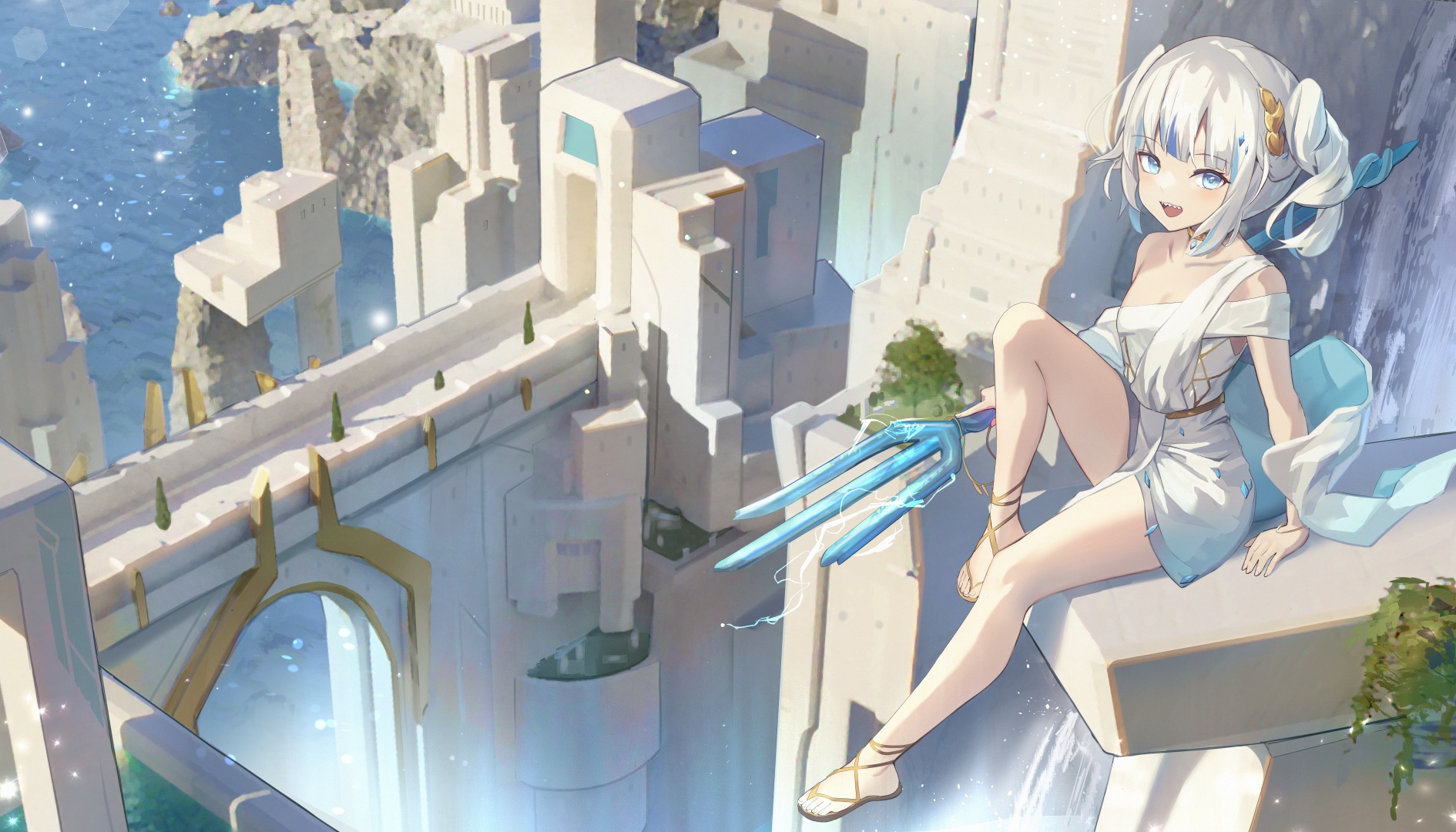 Anime Anime Girls Gawr Gura Hololive Fantasy City Legs Open Mouth Blue Eyes White Hair Sitting Weapo 1890x1080