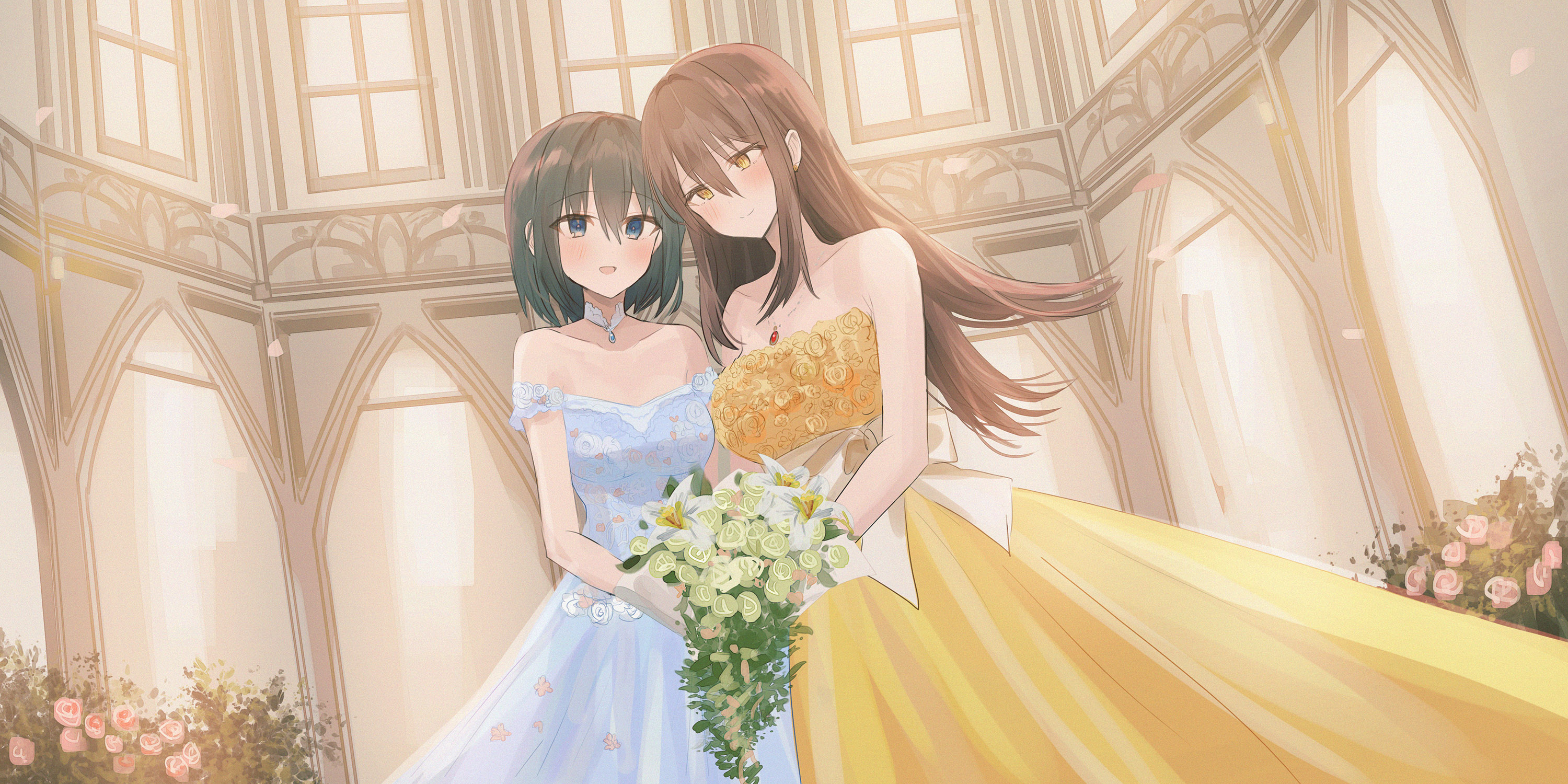 Anime Anime Girls Original Characters Wedding Dress Weddings Two Women Artwork Digital Art Fan Art F 3000x1500