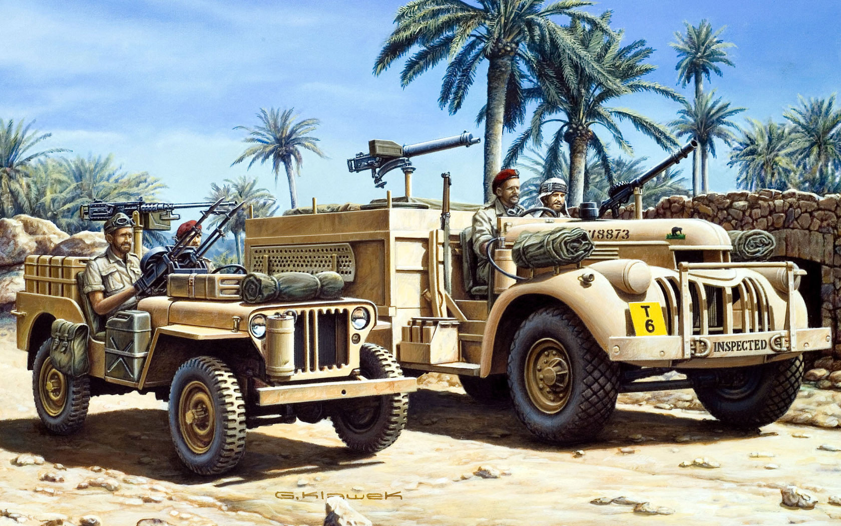 War Army Military Jeep Military Vehicle Men Helmet Palm Trees Sky Clouds Artwork Gun 1680x1050