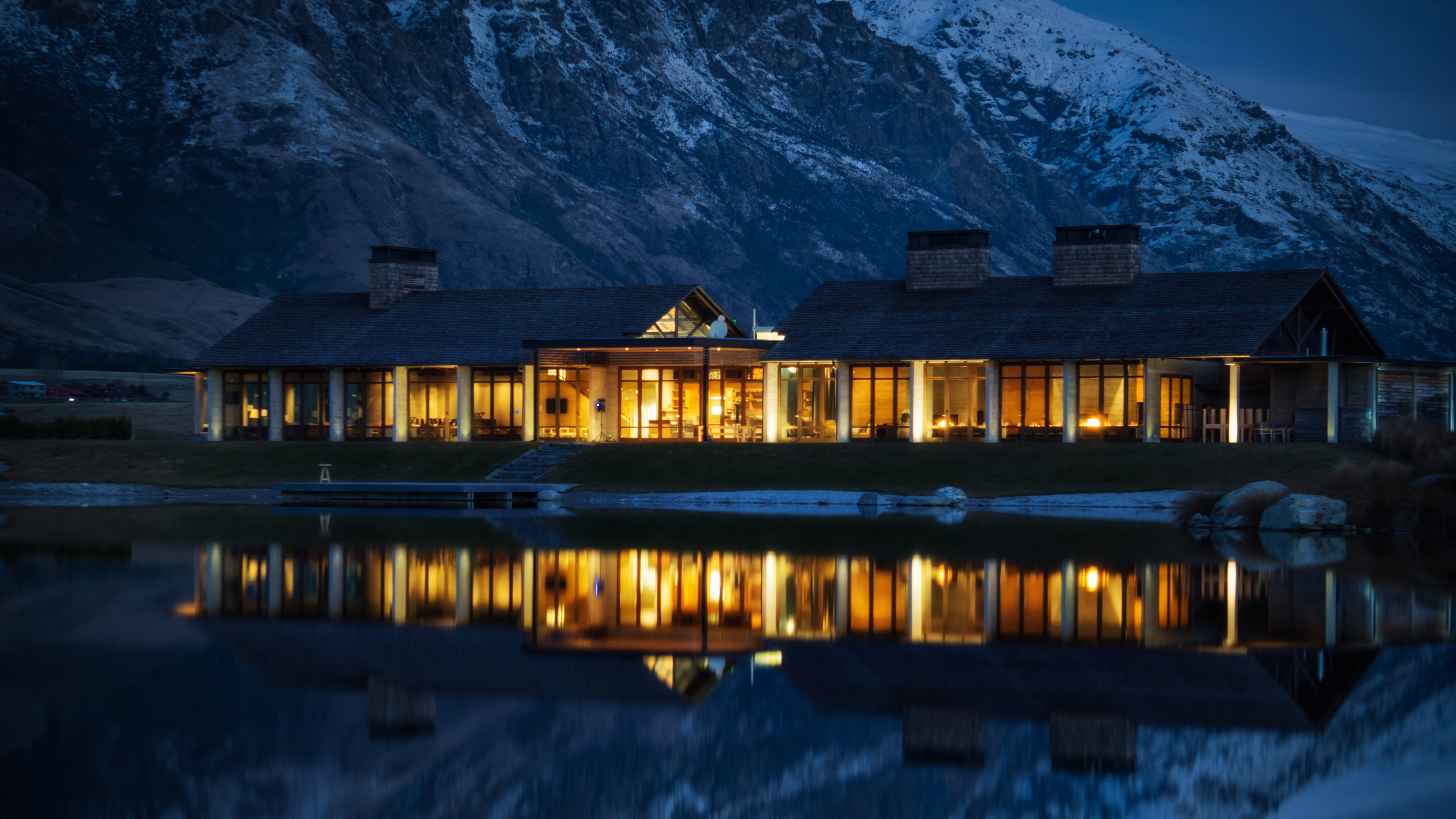 Landscape 4K Queenstown New Zealand Reflection Water Mountains Snow House 3840x2160