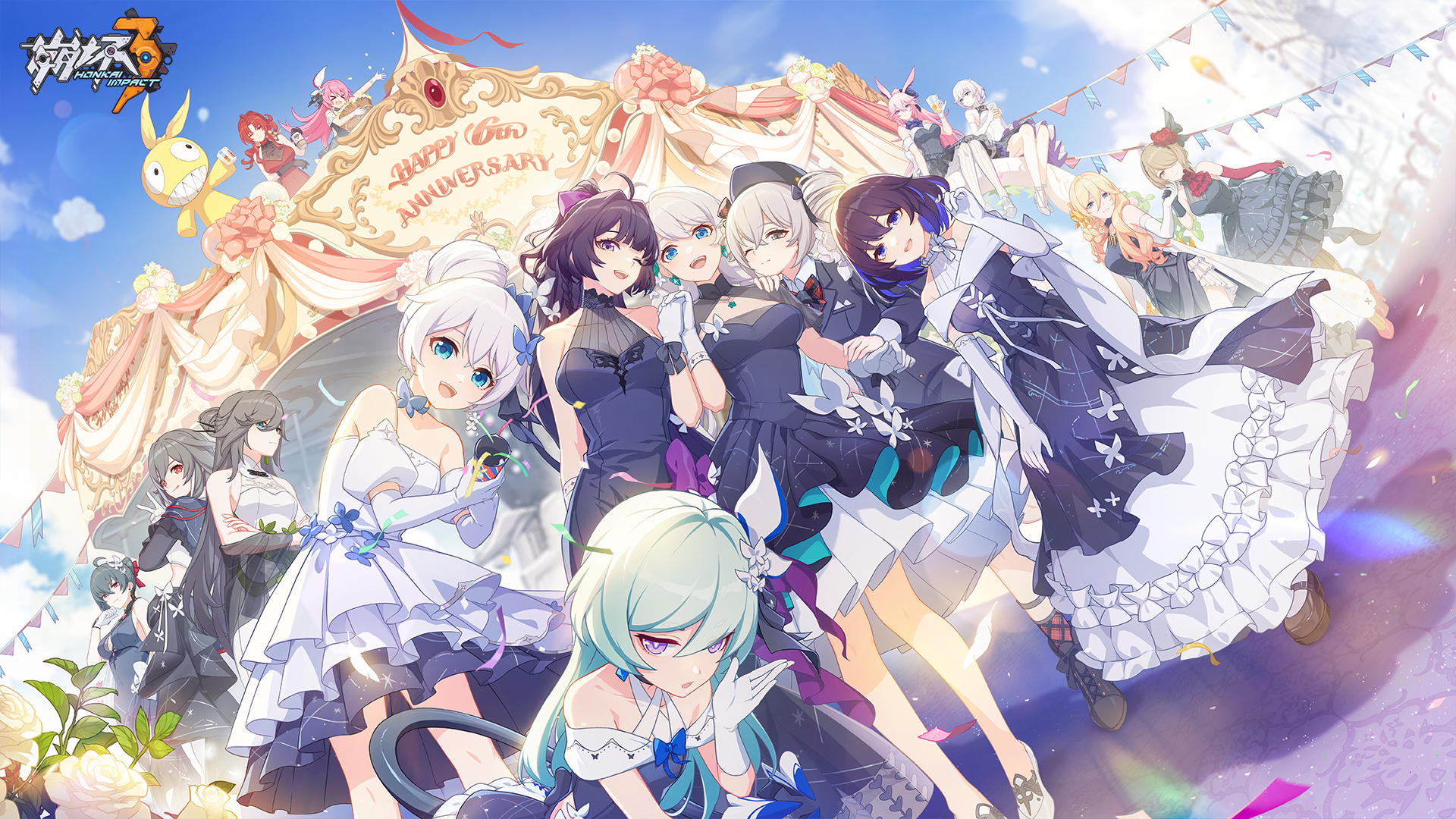 Honkai Impact Anime Games Dress Wedding Dress Flowers Looking At Viewer Gloves Elbow Gloves Sky Clou 1920x1080