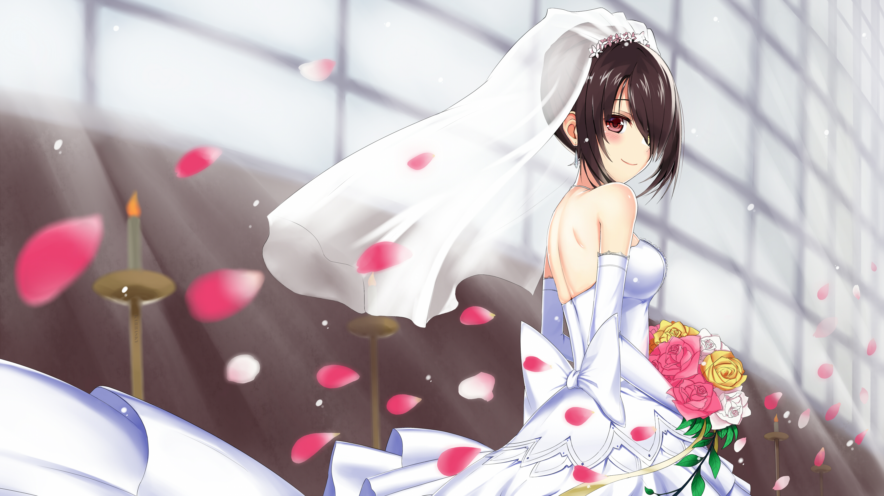 Anime Girls Anime Tokisaki Kurumi Date A Live Red Eyes Petals Flowers Wedding Dress 3000x1683