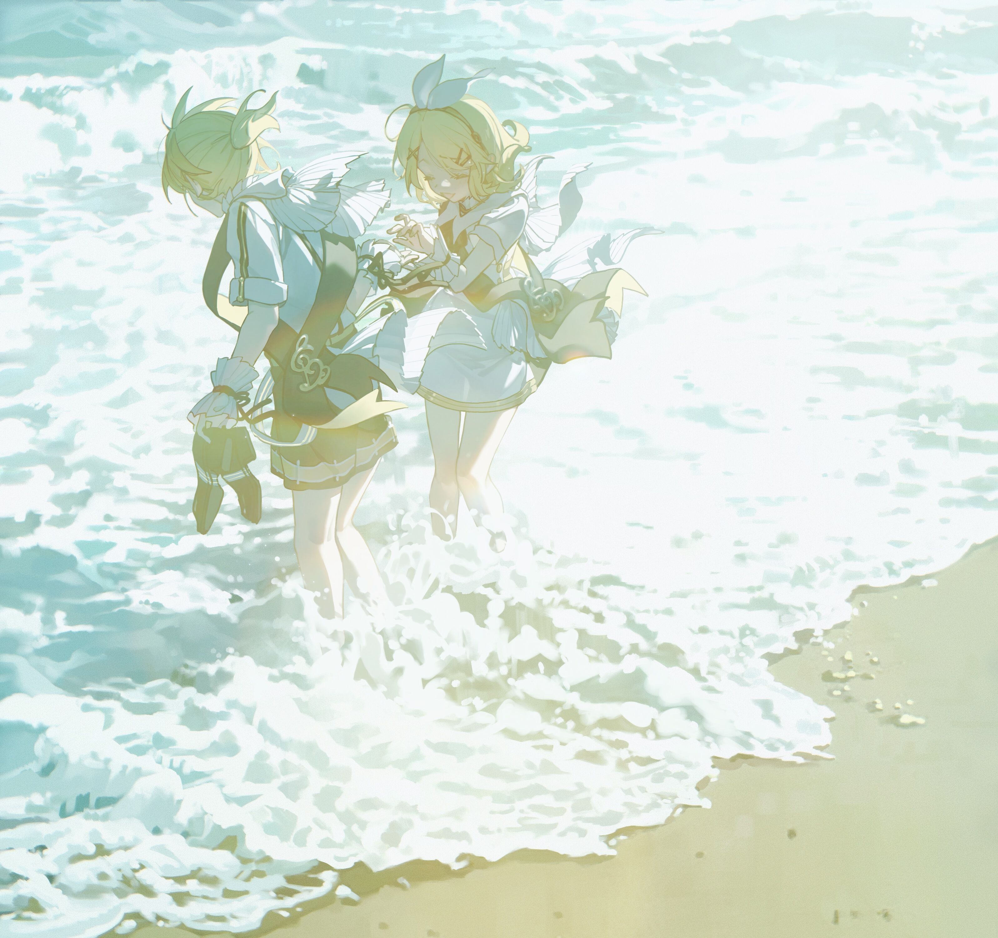 Anime Anime Girls Kagamine Len Vocaloid Kagamine Rin Water Waves Closed Eyes Beach Sand Blonde Stand 3193x3000