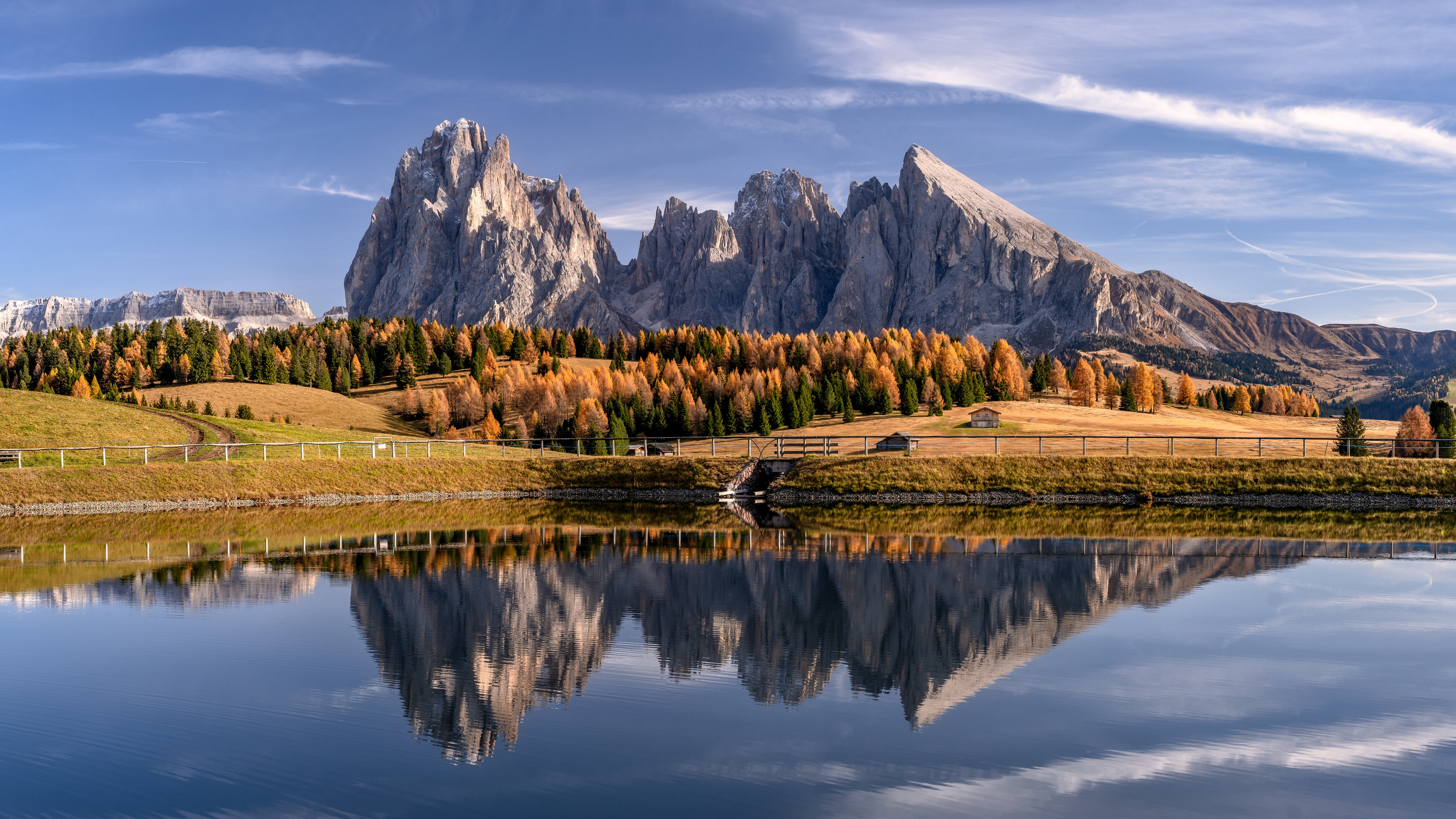 Nature Landscape Italy Dolomites Mountains Lake Reflection Forest Water Clouds Sky Fall 3840x2160