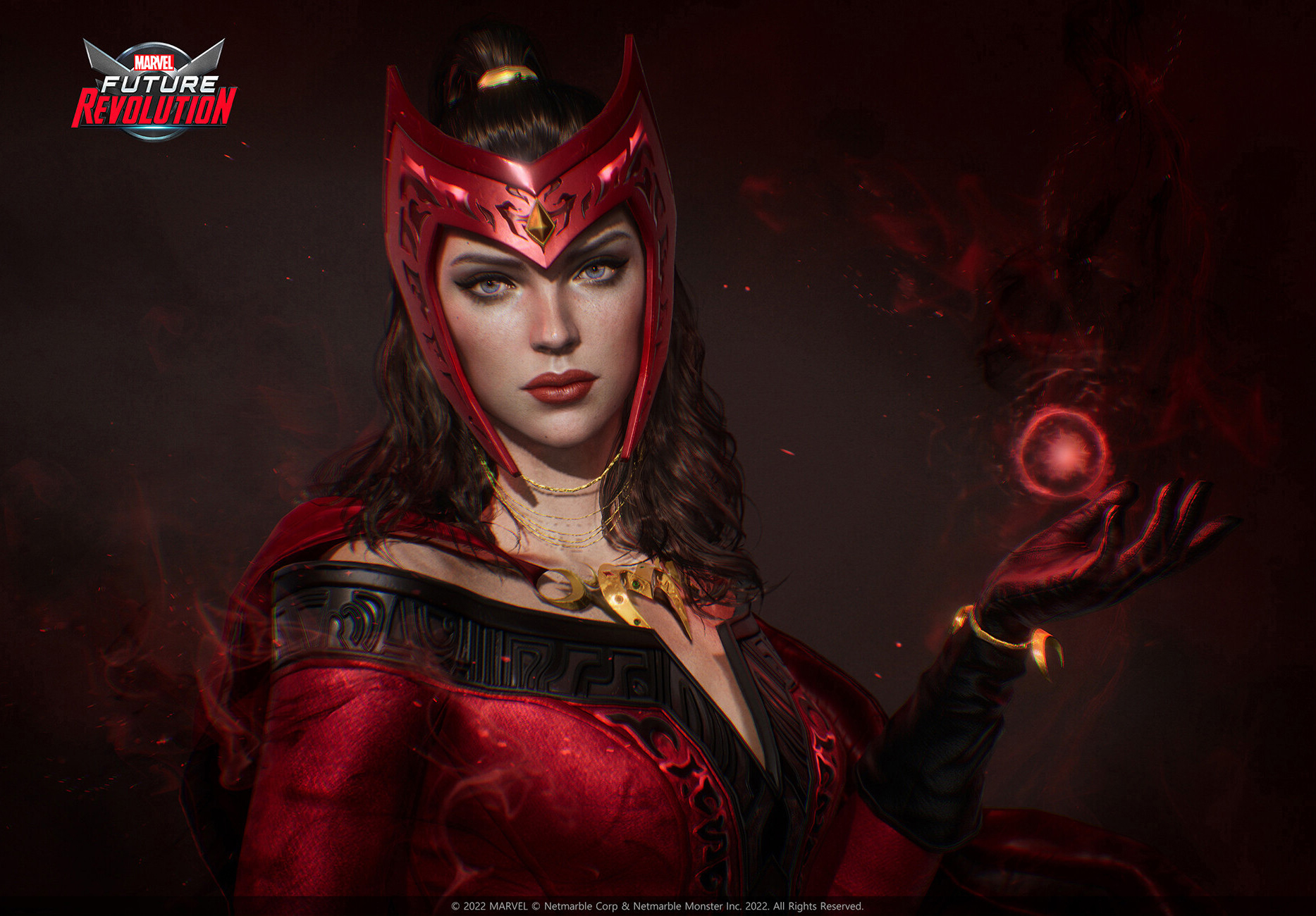 Minsu Kim CGi Women Marvel Comics Scarlet Witch Red Clothing Tiaras Orb Spell Dark Fantasy Art Fanta 1867x1300