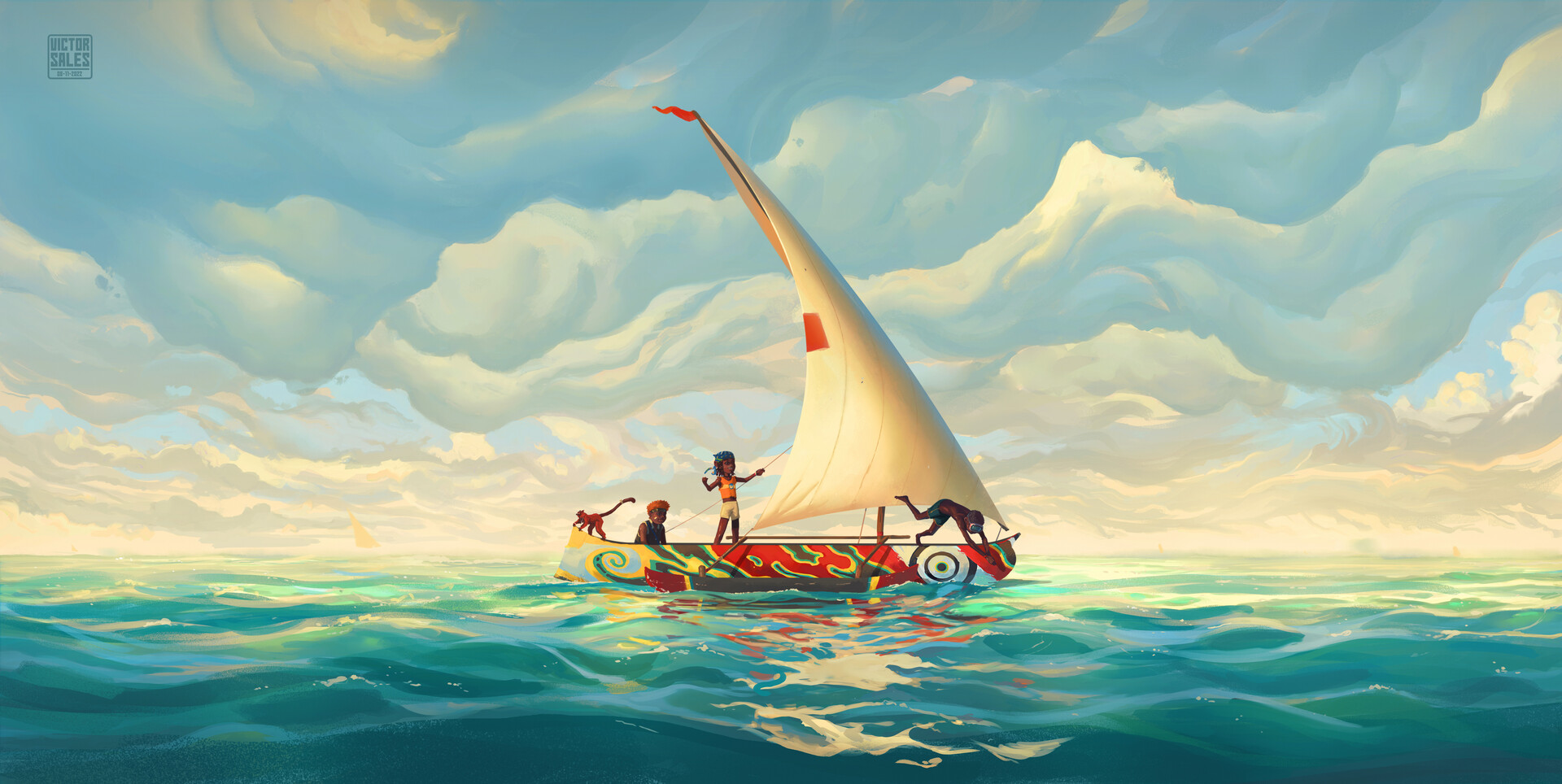 Victor Sales Digital Art Fantasy Art Water ArtStation Landscape Sailing Ship Diving Children Monkey  1920x964