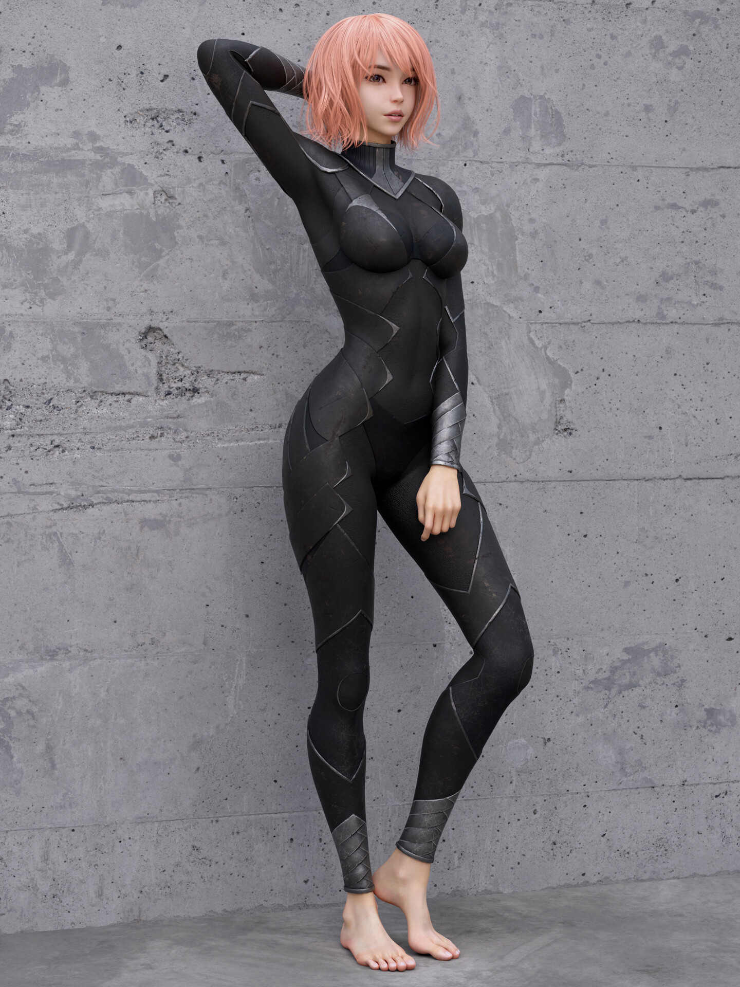 Shin JeongHo CGi Women Bangs Diving Suits Barefoot Gray Portrait Display Standing Bodysuit Feet Look 1440x1920