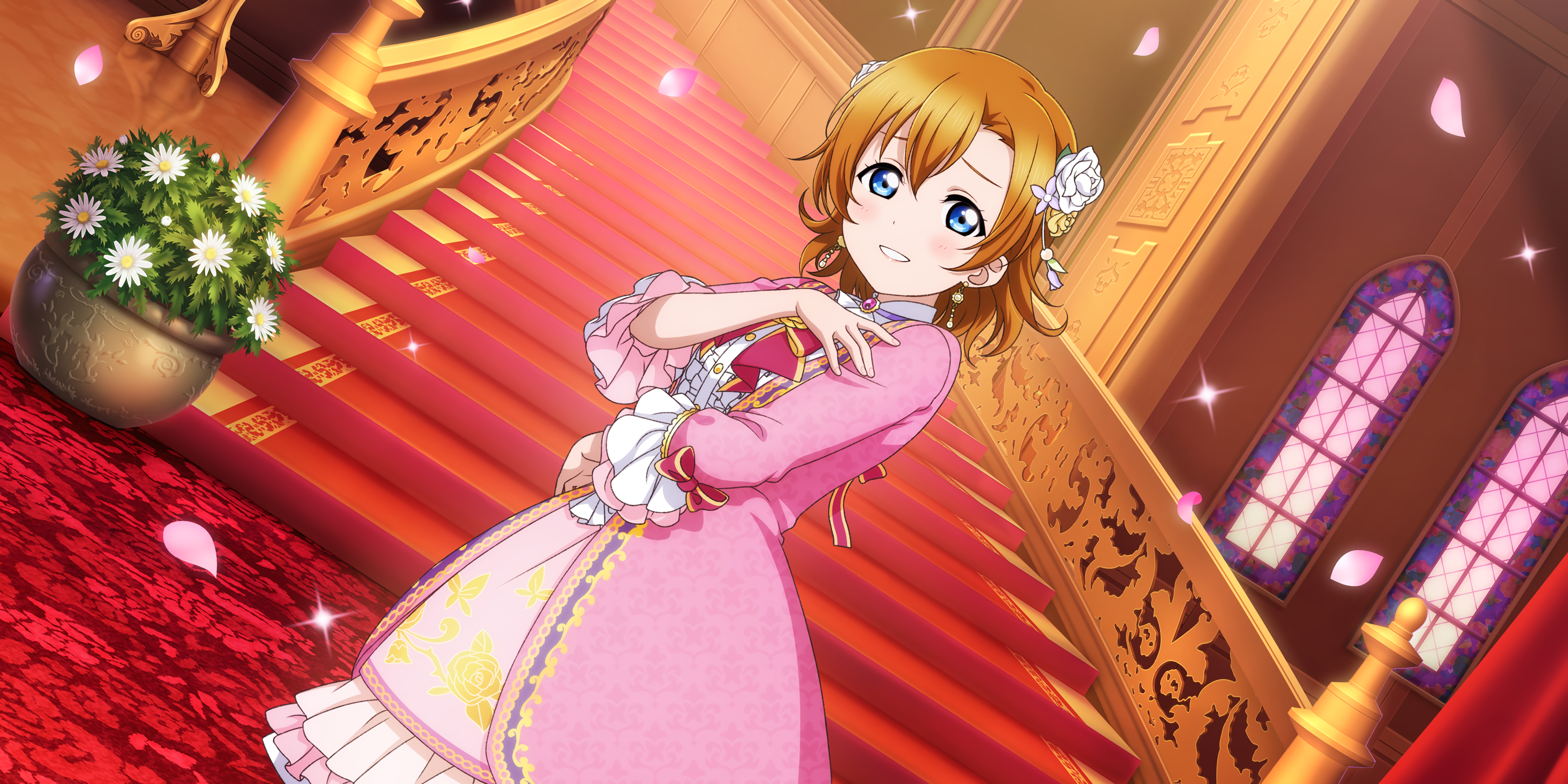 Kousaka Honoka Love Live Anime Girls Anime Stairs Petals Flowers Flower In Hair Dress Stars 3600x1800