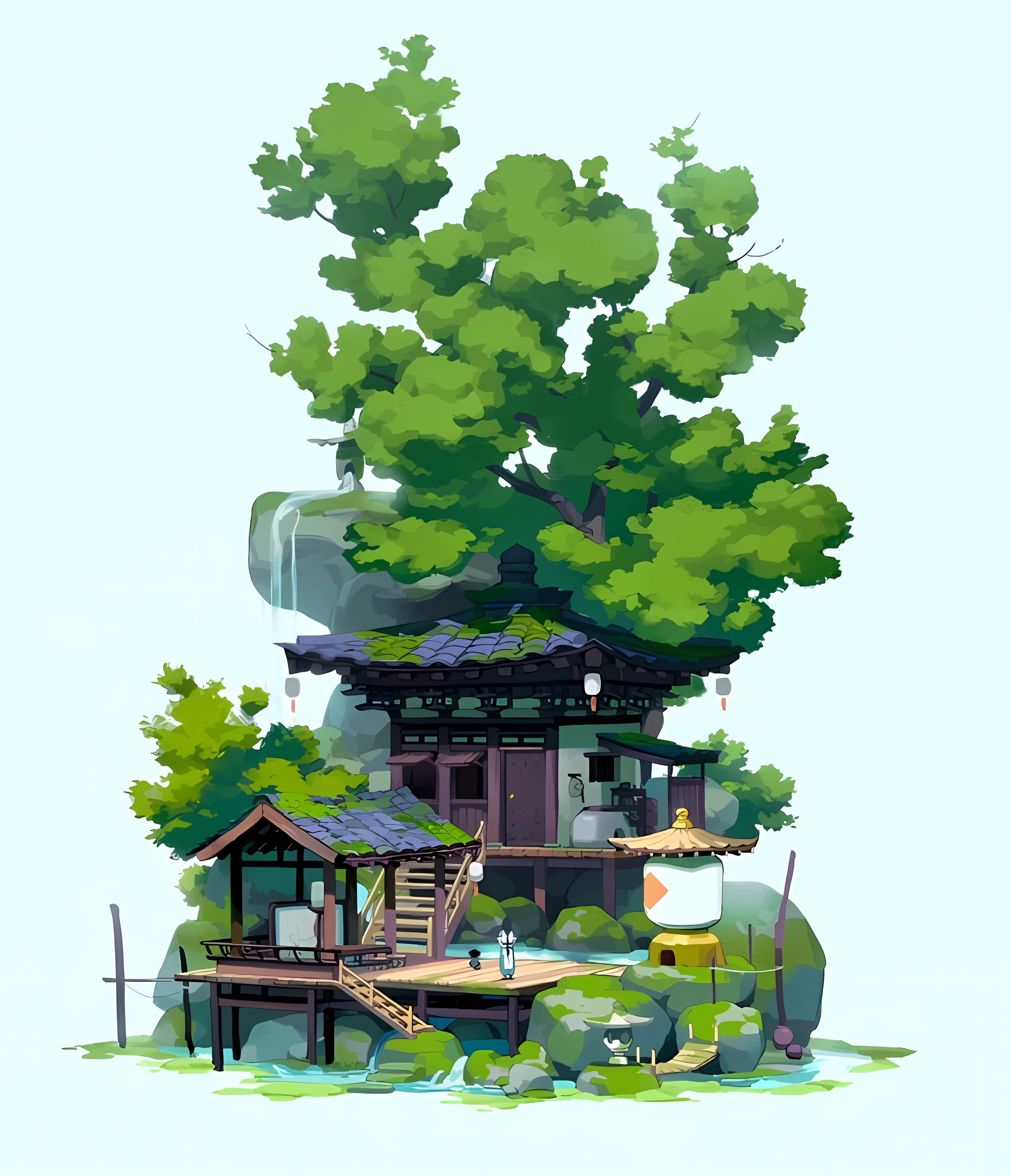 Manga Anime Boys Anime Portrait Display Simple Background Rocks Water Minimalism Trees House Stairs 2628x3056
