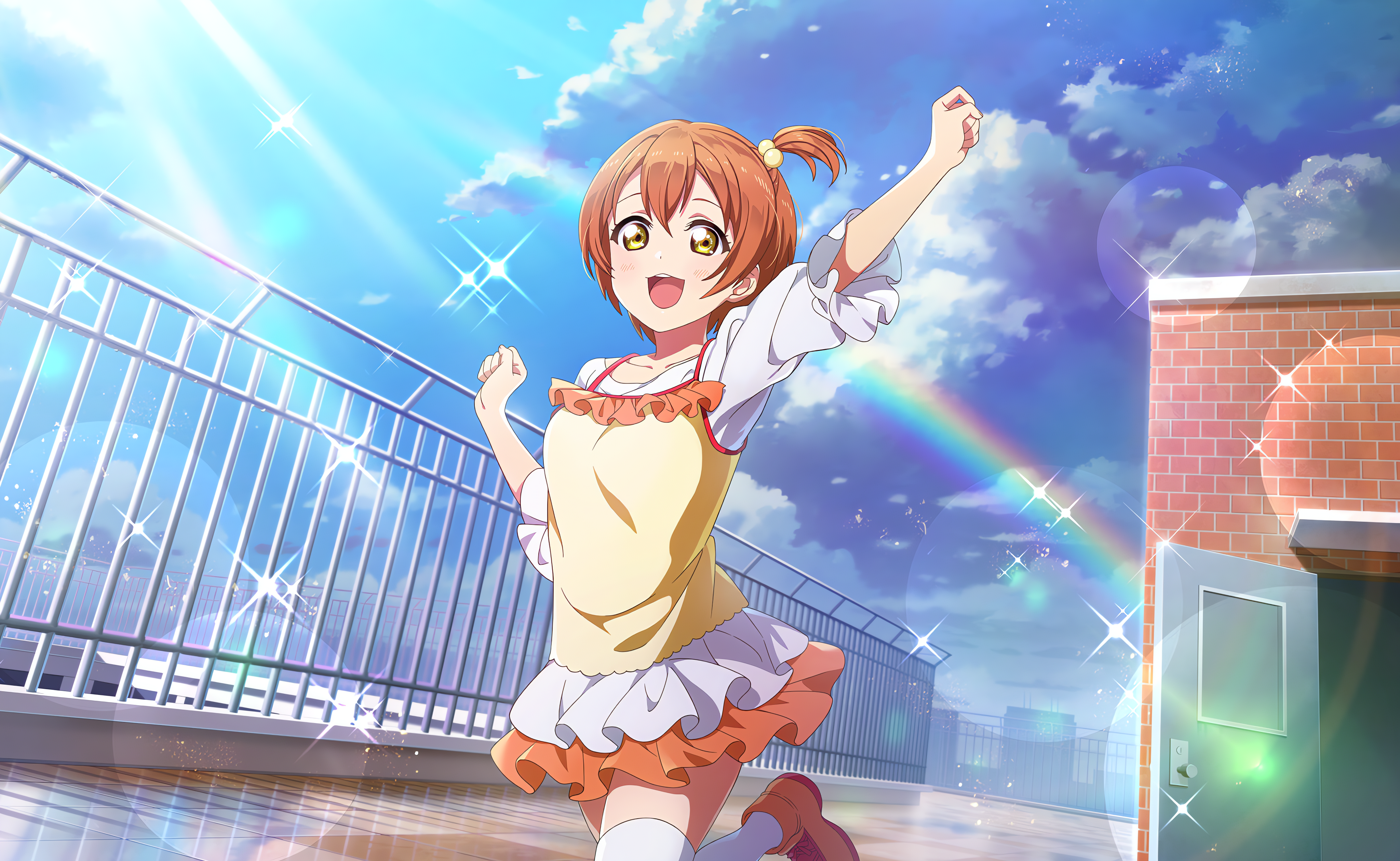 Hoshizora Rin Love Live Anime Anime Girls Sky Clouds Stars Sunlight Rainbows Open Mouth Short Hair J 4096x2520