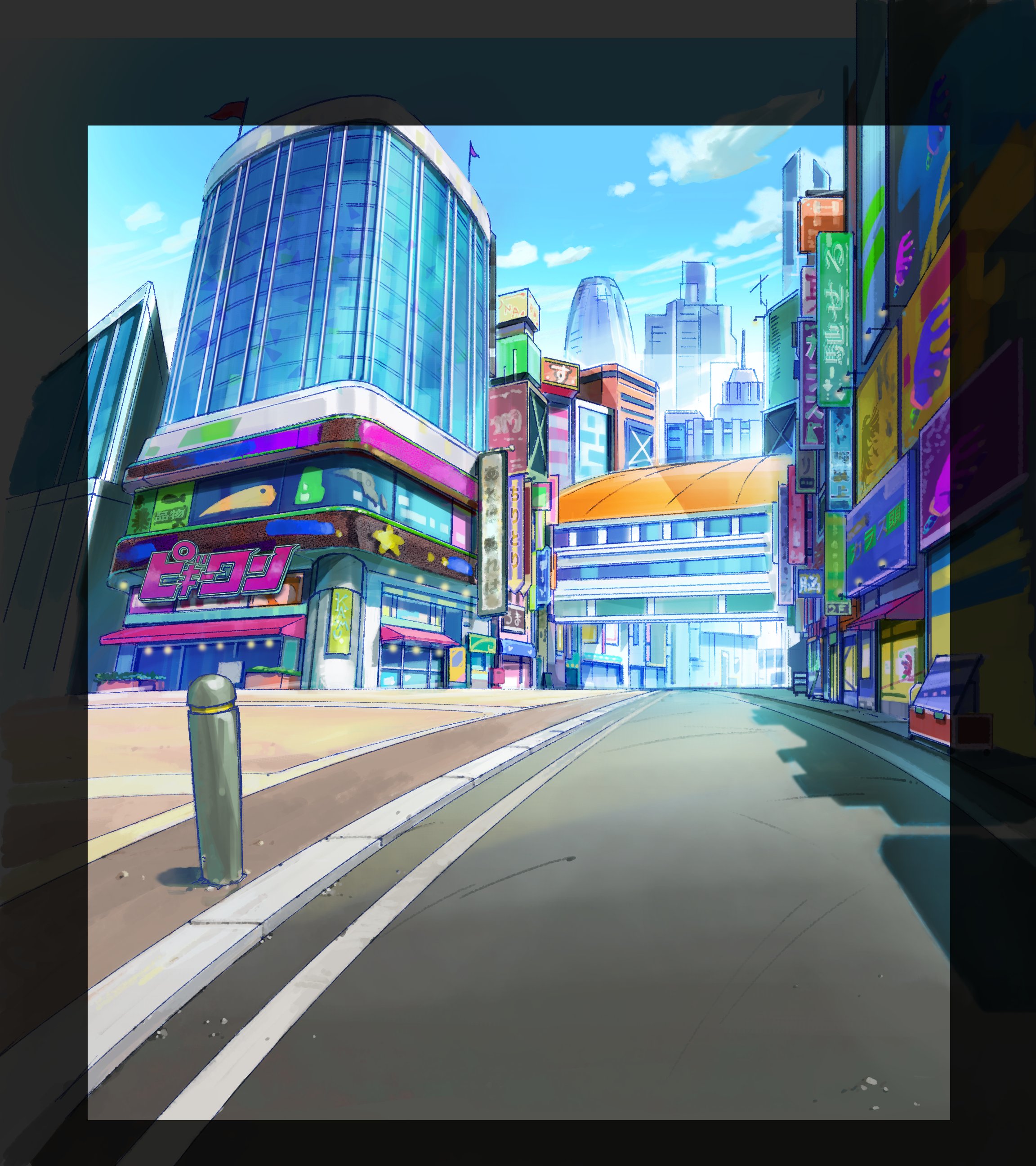 Hanabushi Anime Portrait Display City Building Road Clouds Sky Japanese Sign 2304x2592