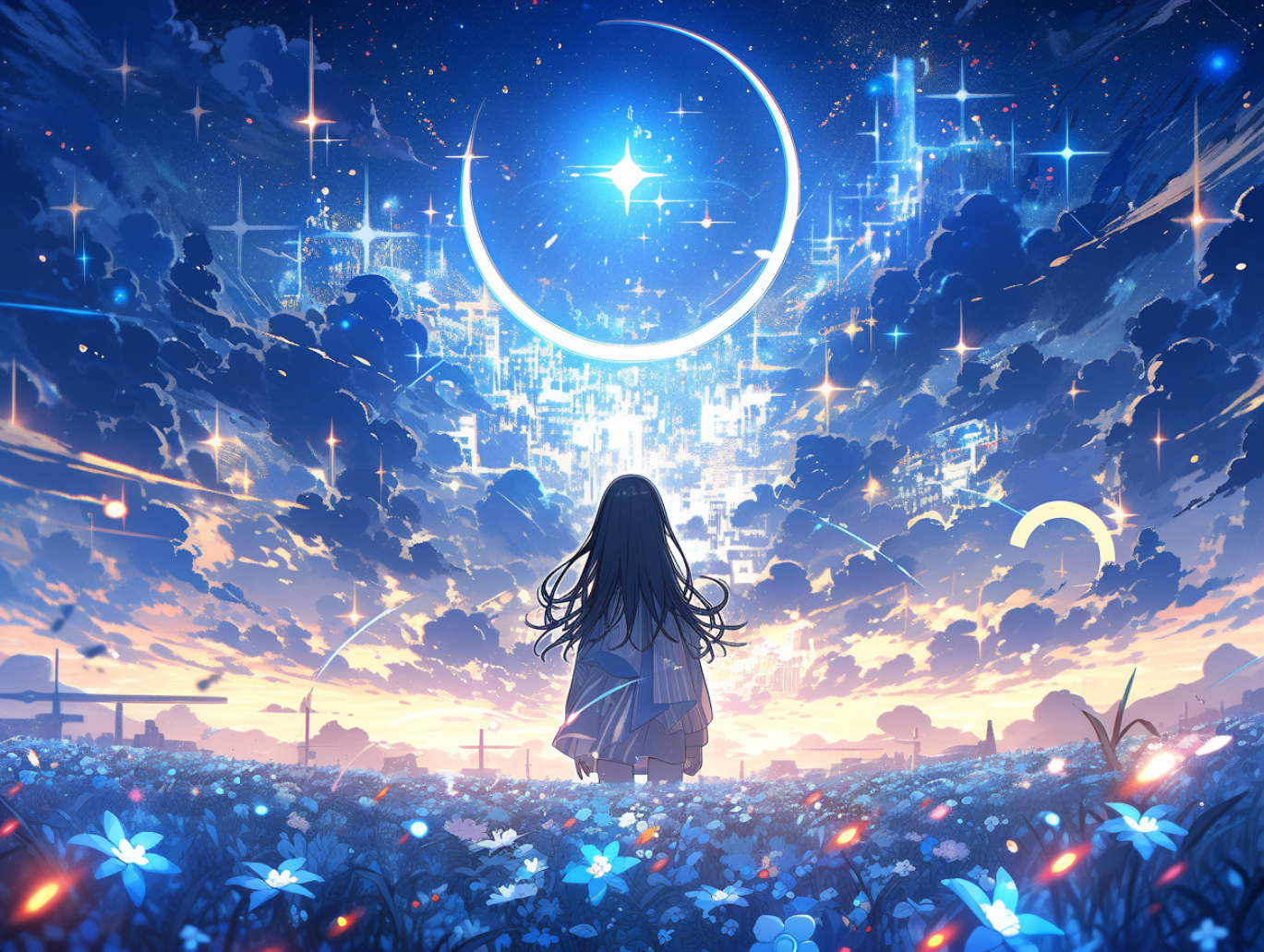 Anime Anime Girls Pixiv Colorful Standing Sky Stars Clouds Flowers Long Hair Leaves Looking Into The 1369x1031