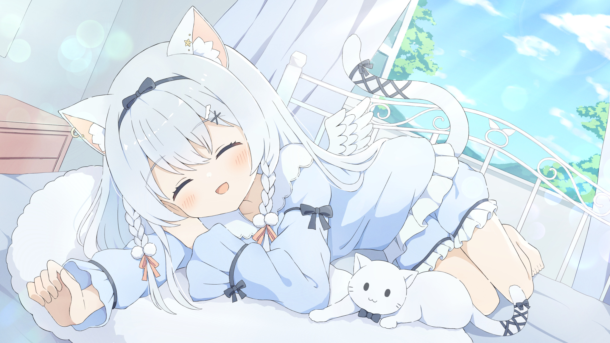 Cat Girl Original Characters Anime Girls Cat Ears Cat Tail Lying On Front Braids Braided Hair Wings  2048x1152