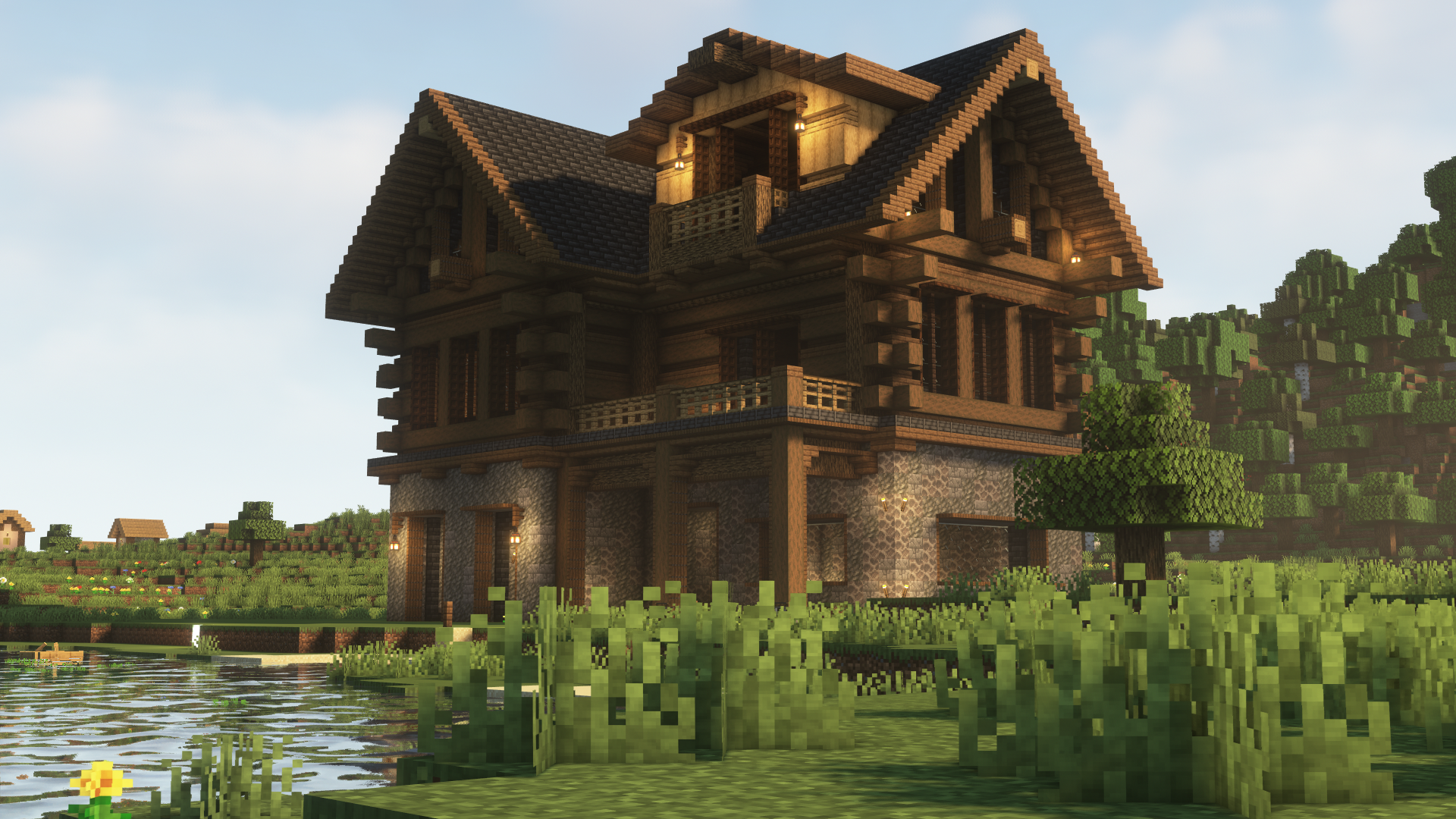 Minecraft Shaders Landscape Video Games Water House Building CGi 1920x1080