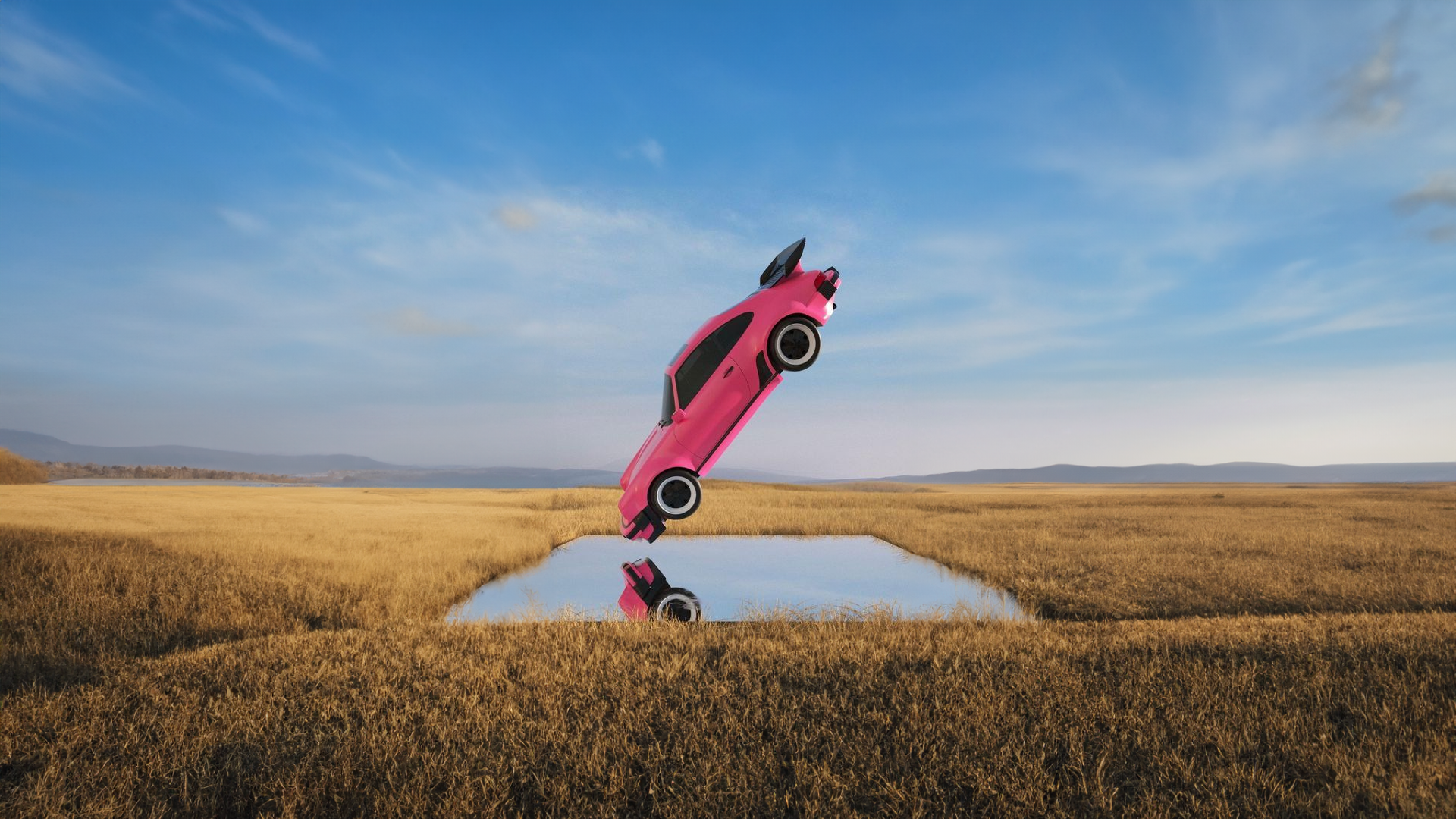 Car Ground Water Sky Clouds Reflection Grass 1920x1080