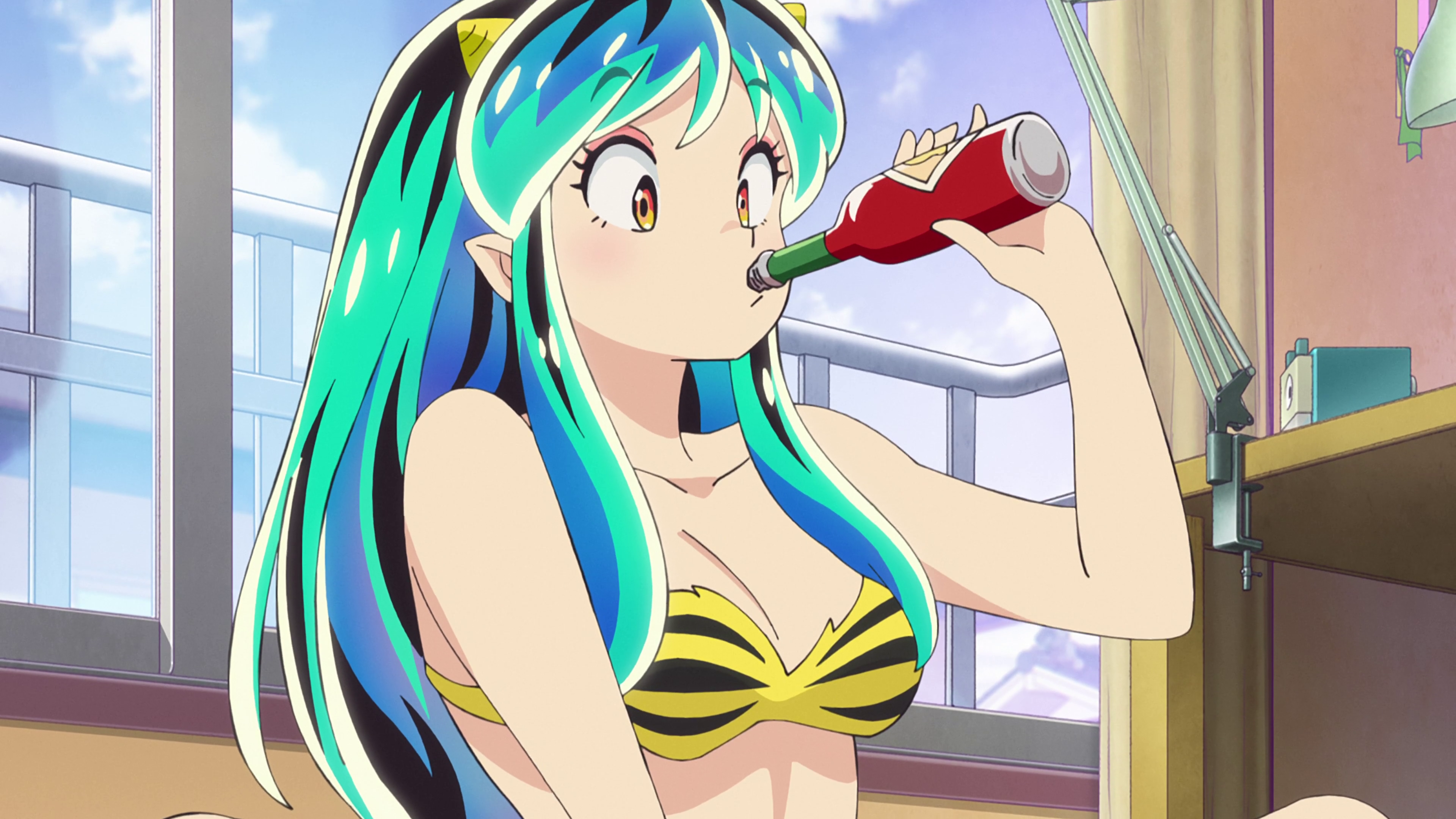 Urusei Yatsura Tabasco Food Drinking Anime Screenshot Long Hair Multi Colored Hair Window Anime Girl 3840x2160