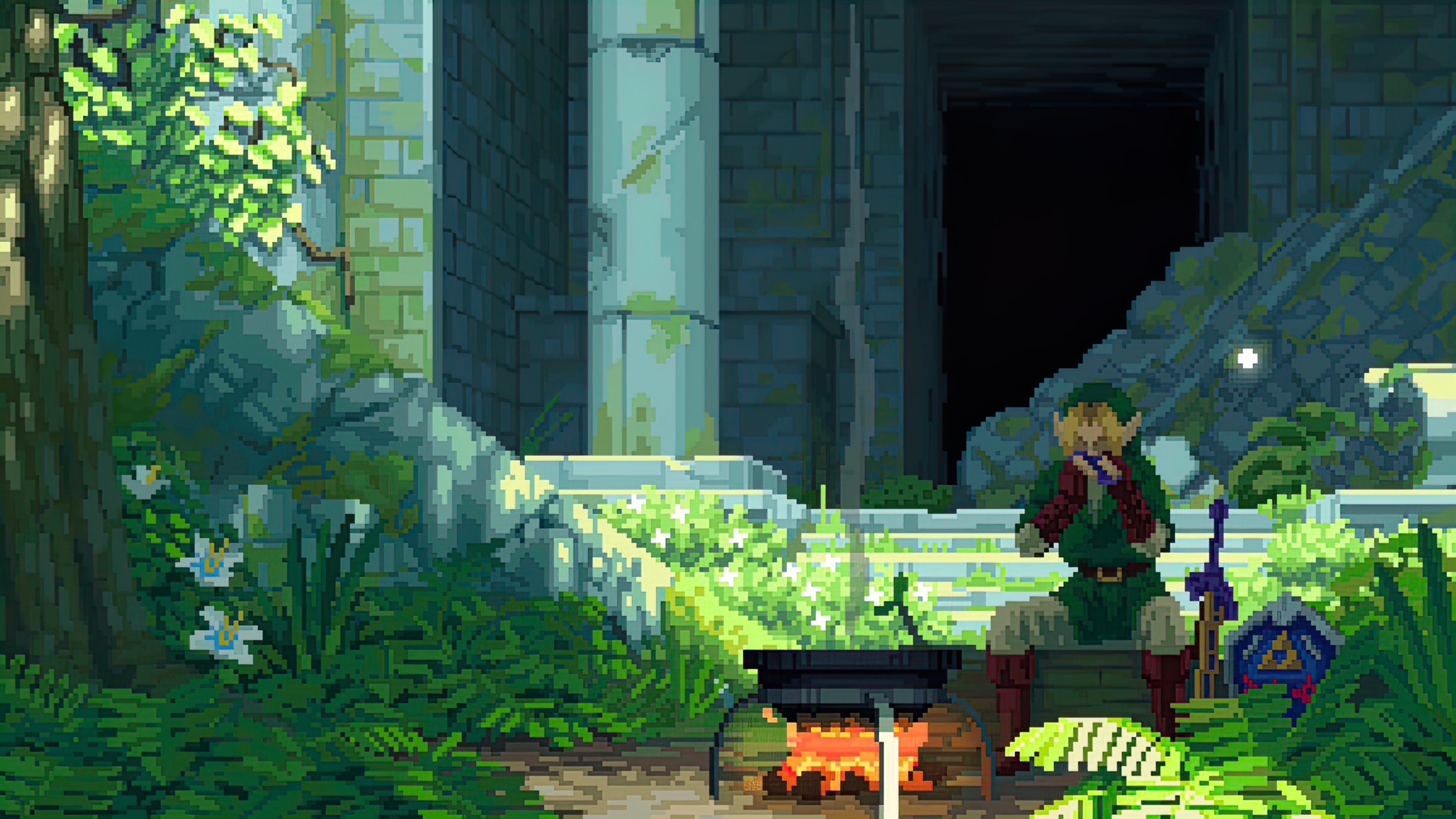 The Legend Of Zelda Hylian Shield Link Ruins Pixel Art Campfire Sword Master Sword Green Tunic Pixel 3840x2160