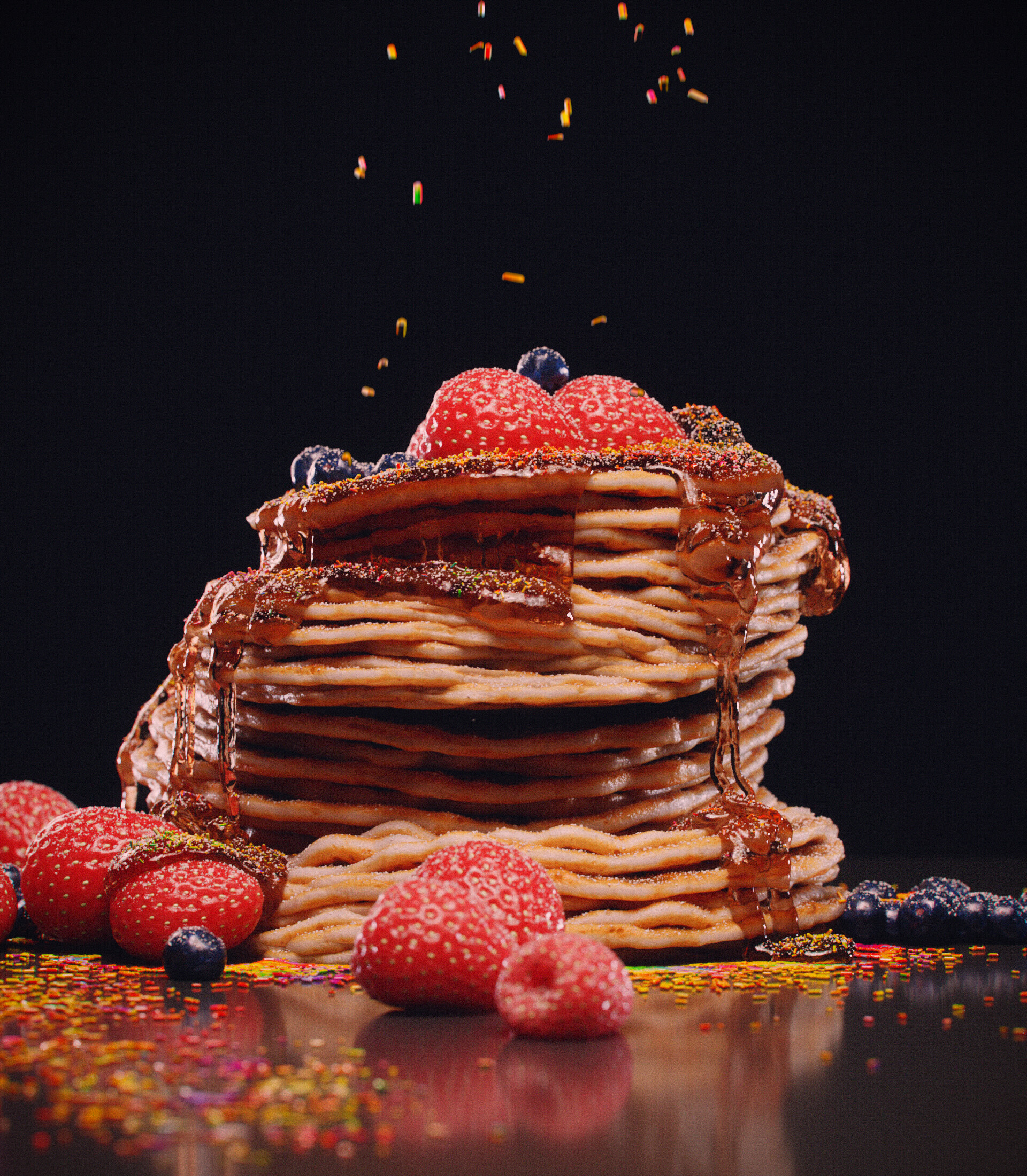 Michael Johnson Food Sweets Pancakes Black Background Digital Art Fruit Berries Strawberries Raspber 1920x2200