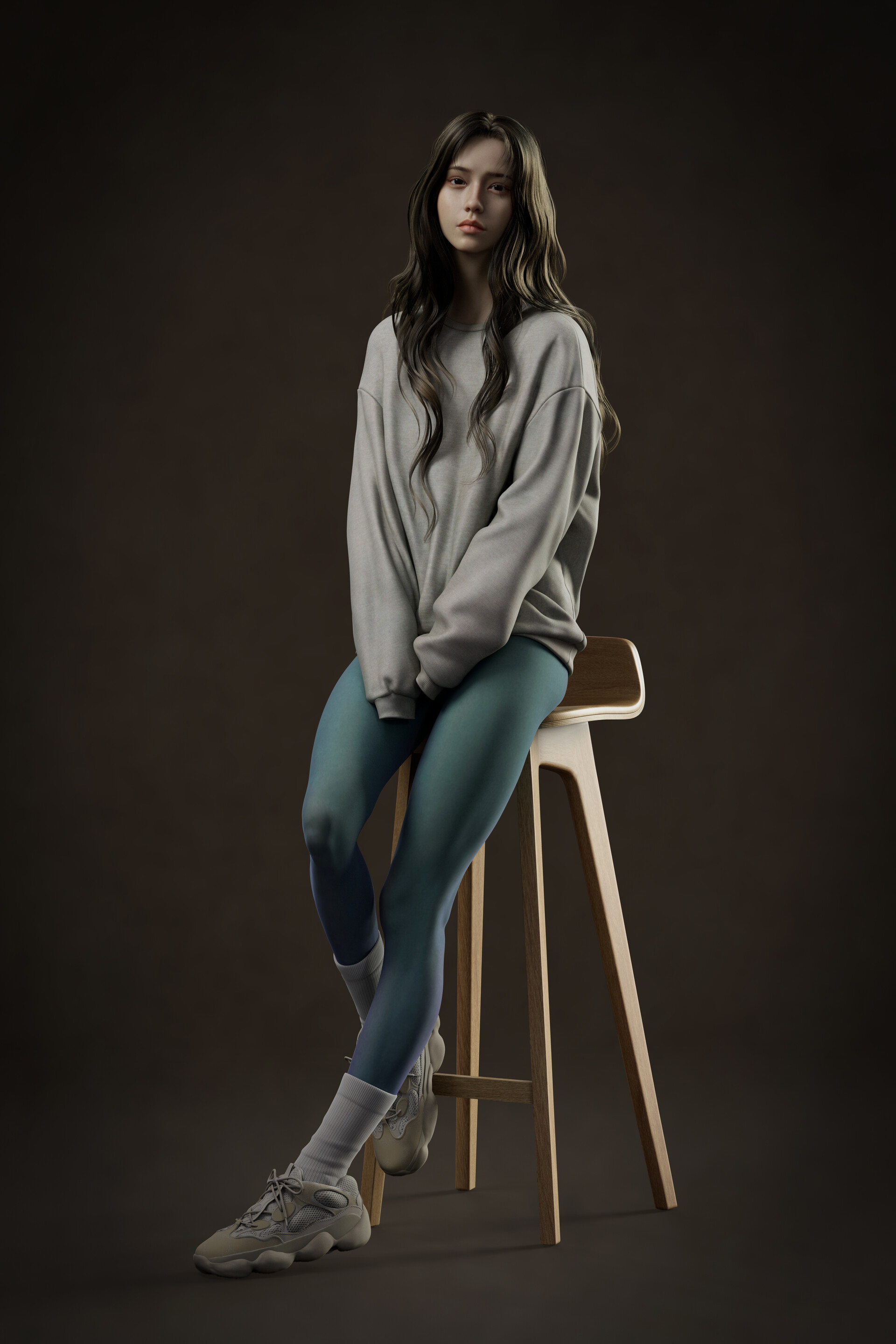 Michael Mao CGi Women Long Hair Casual Simple Background Portrait Display Stools Looking At Viewer W 1920x2880