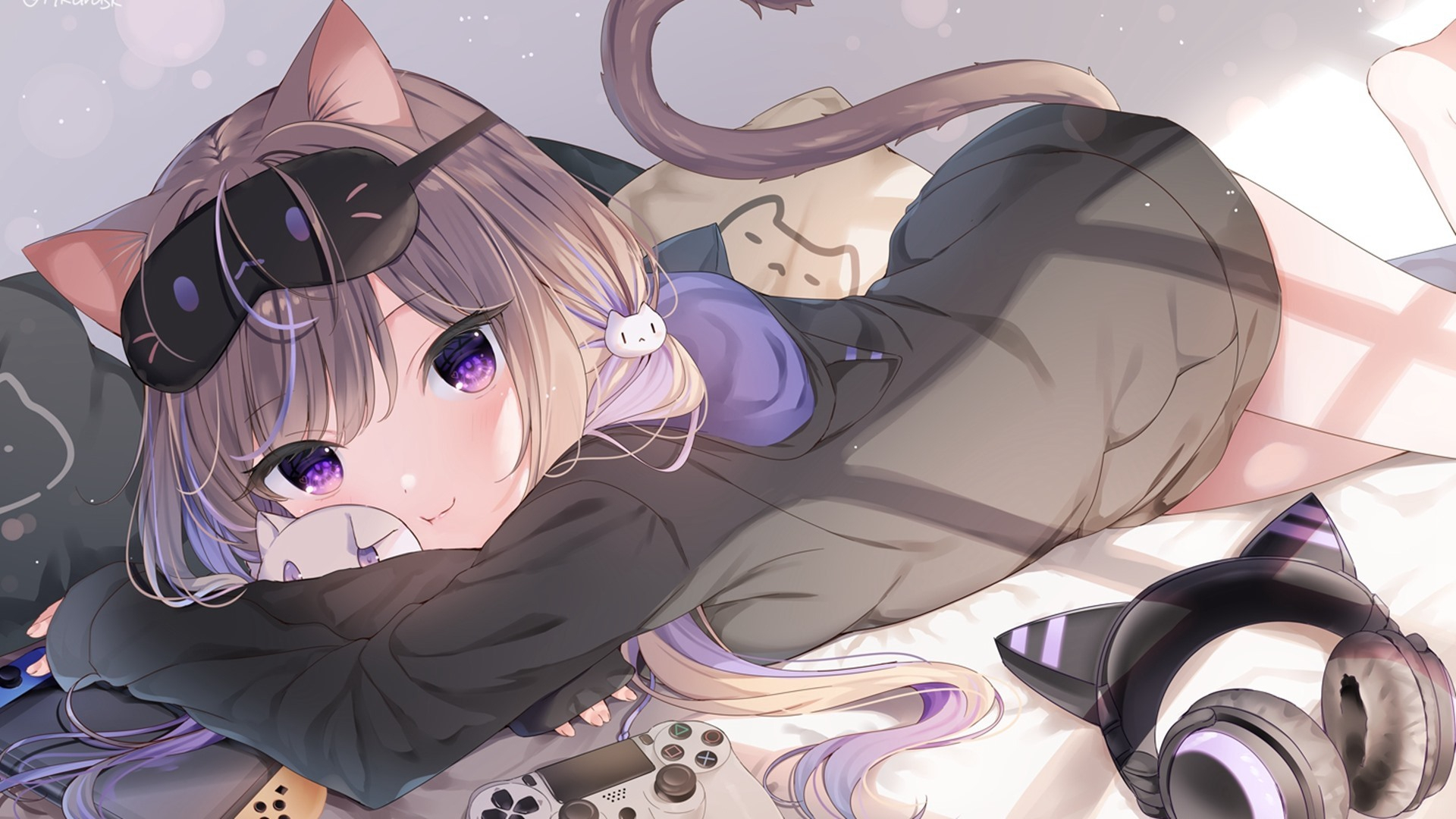 Anime Girls Anime Cat Girl Cat Ears Cat Tail Purple Eyes Headphones PlayStation 4 Nintendo Switch Co 1920x1080