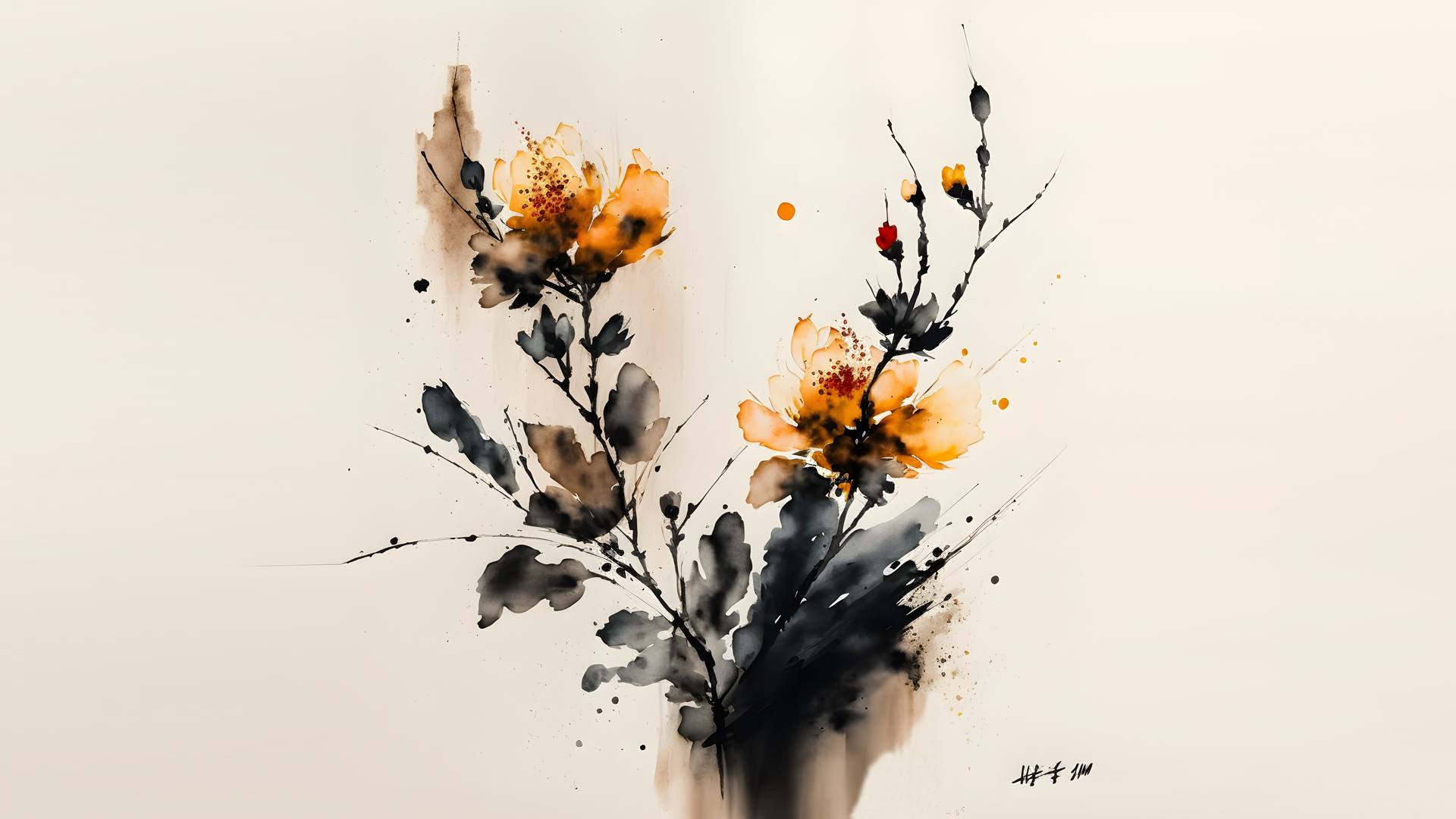 Ai Art Digital Art Ink Watercolor Style Flowers Watercolor Ink Wash Simple Background Minimalism 1920x1080