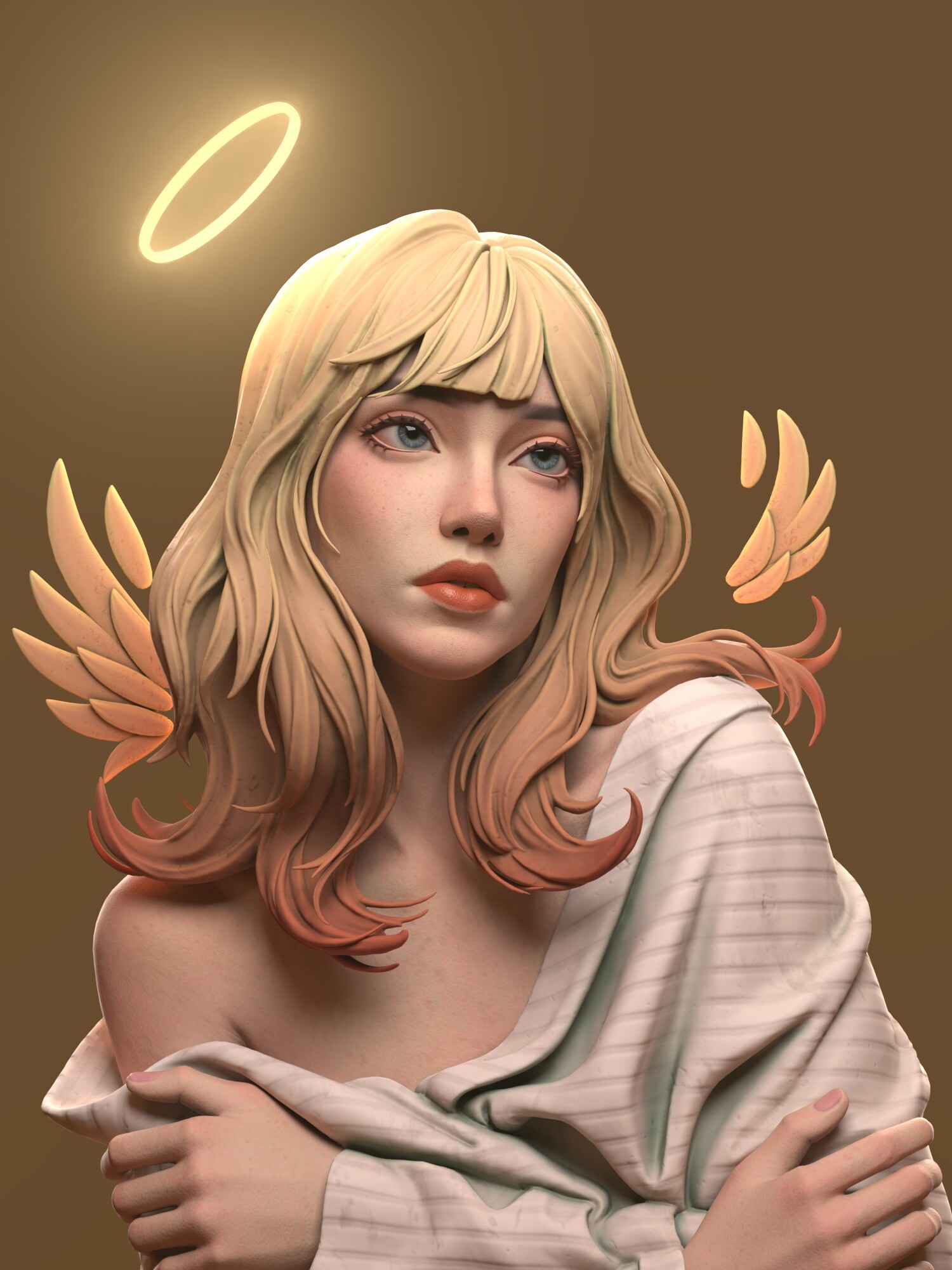 Digital Art Artwork Illustration Women Blonde Short Hair Angel Red Lipstick Saint Vertical Gradient  1500x2000