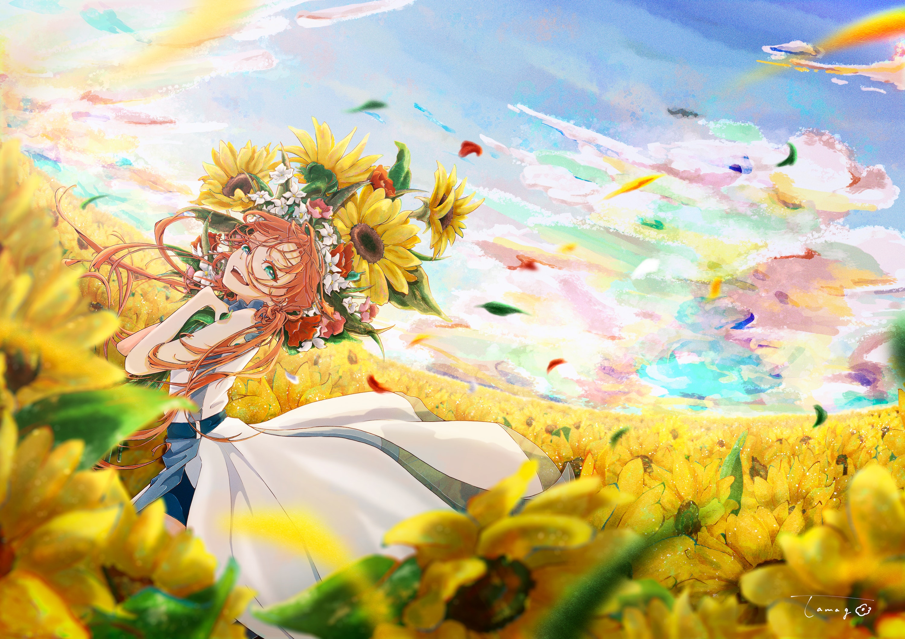 Digital Art Artwork Illustration Anime Field Sky Flowers Anime Girls White Dress Blonde Clouds Sunfl 3000x2121