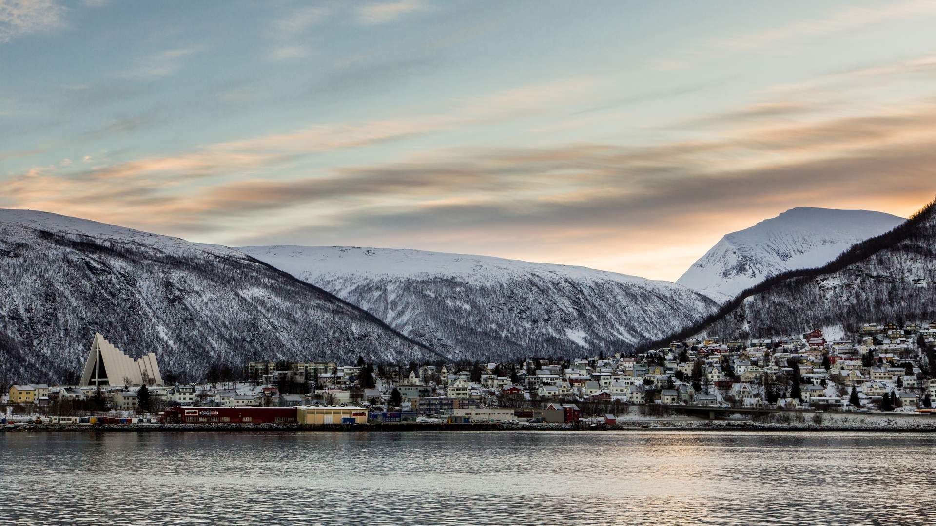 Cityscape Tromso The Artic Cathedral Norway Fjord Mountains Snow Nature Sky Clouds Village 1920x1080