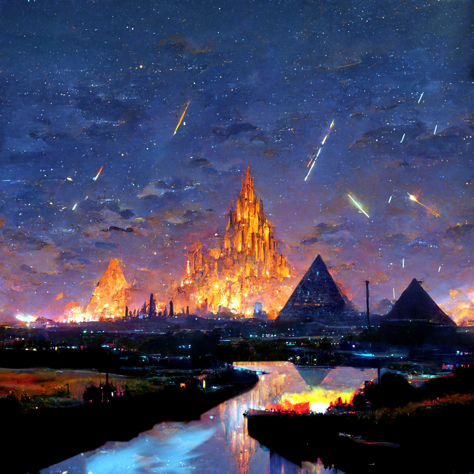 Science Fiction City Prospero Bullet Tracer Shots Fire Water Pyramid Fantasy Art Ai 1664x1664