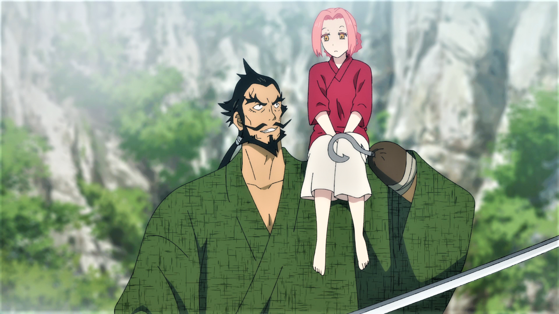 Hells Paradise Jigokuraku Pink Hair Beard Sword Katana Nature Trees Anime Anime Screenshot Anime Boy 1920x1078