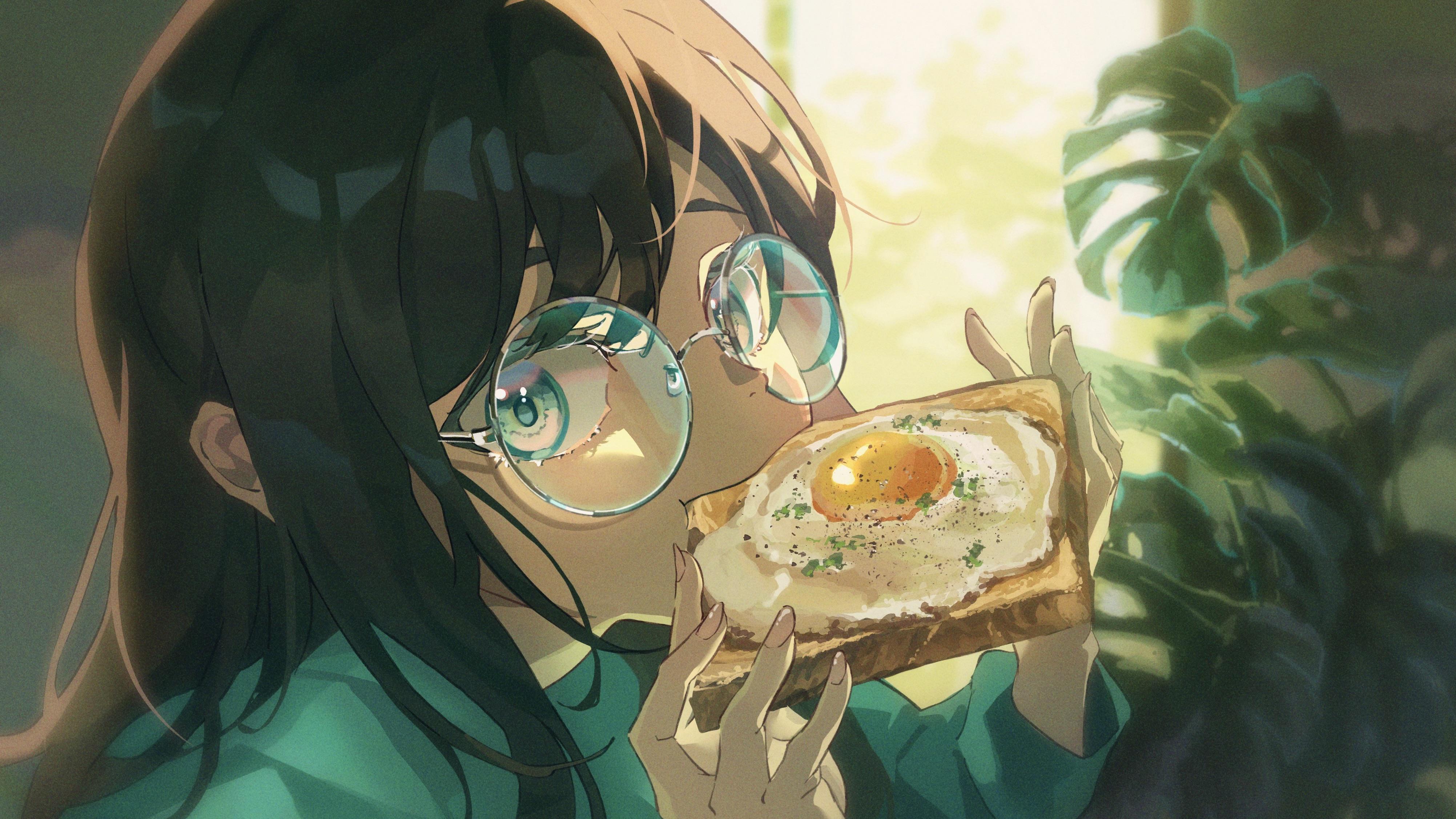 Anime Anime Girls Women With Glasses Toast Anime Girls Eating Eating Eggs Glasses Plants Blue Eyes 4006x2253
