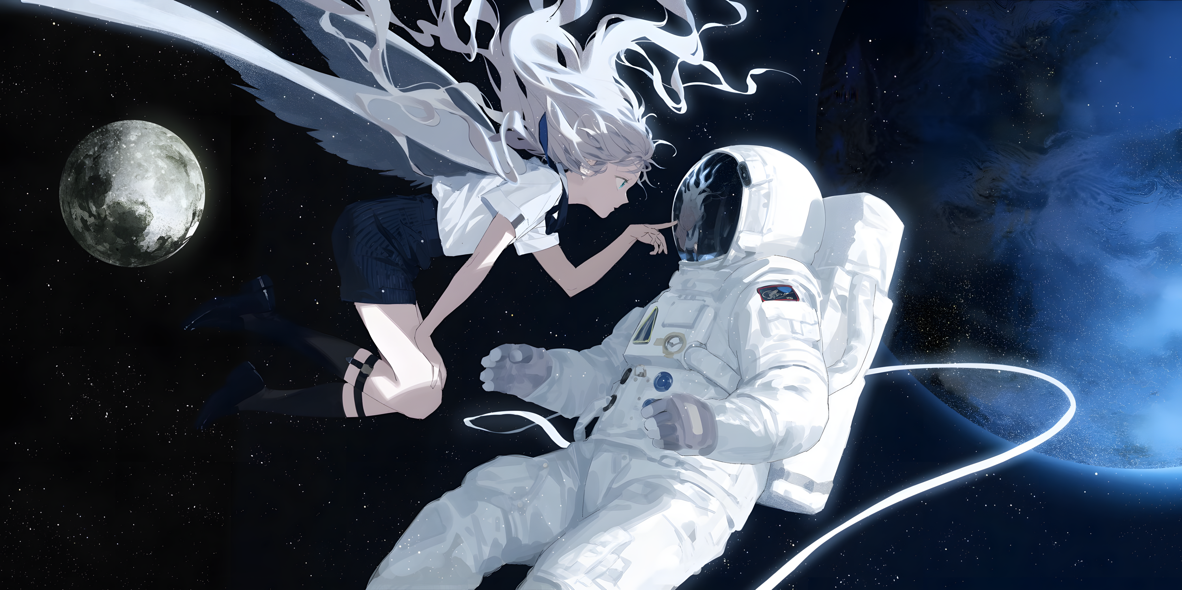 Space Astronaut Women White Hair Earth Moon Digital Art 4096x2044