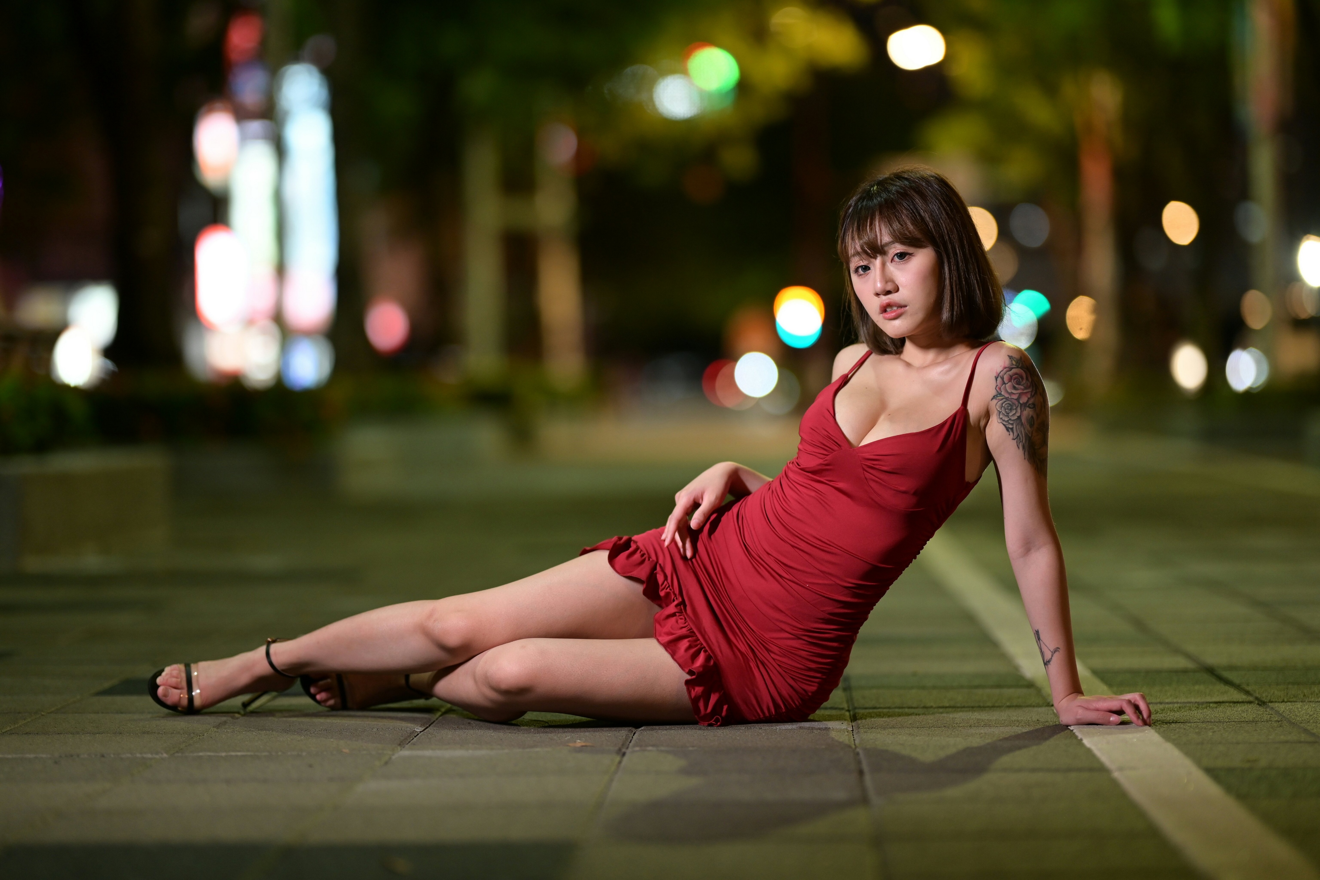 Asian Model Women Dark Hair Barefoot Sandal Sitting Tattoo Brunette Red Dress Legs Women Outdoors 4500x3000