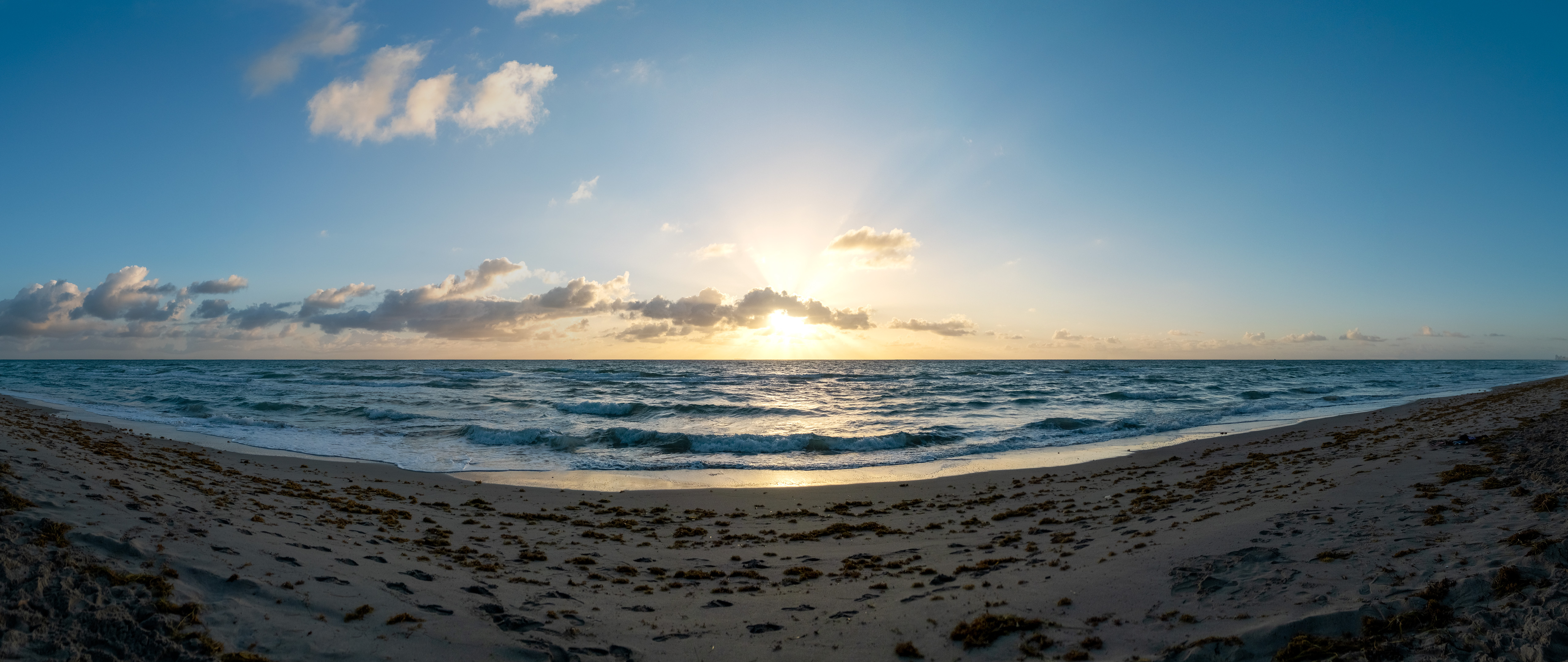 Florida Beach Sea Atlantic Ocean Sunrise Sky Horizon Clouds Water Sand Wide Angle Panorama 5120x2160