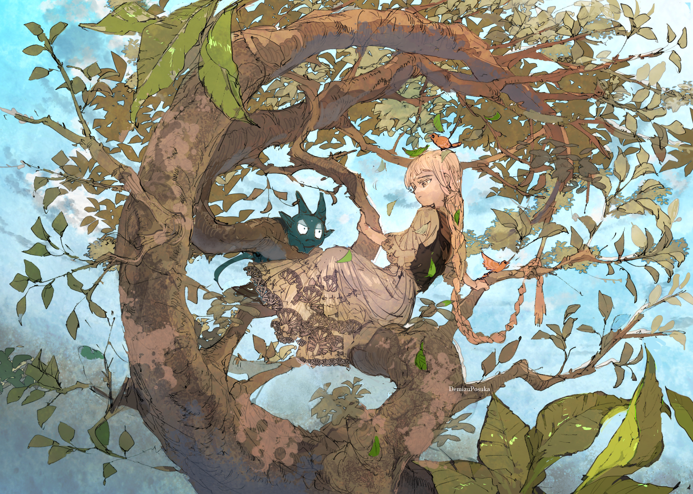Anime Anime Girls Trees Branch Leaves Birds Long Hair Dress Blonde Braided Hair Braids 1405x1003