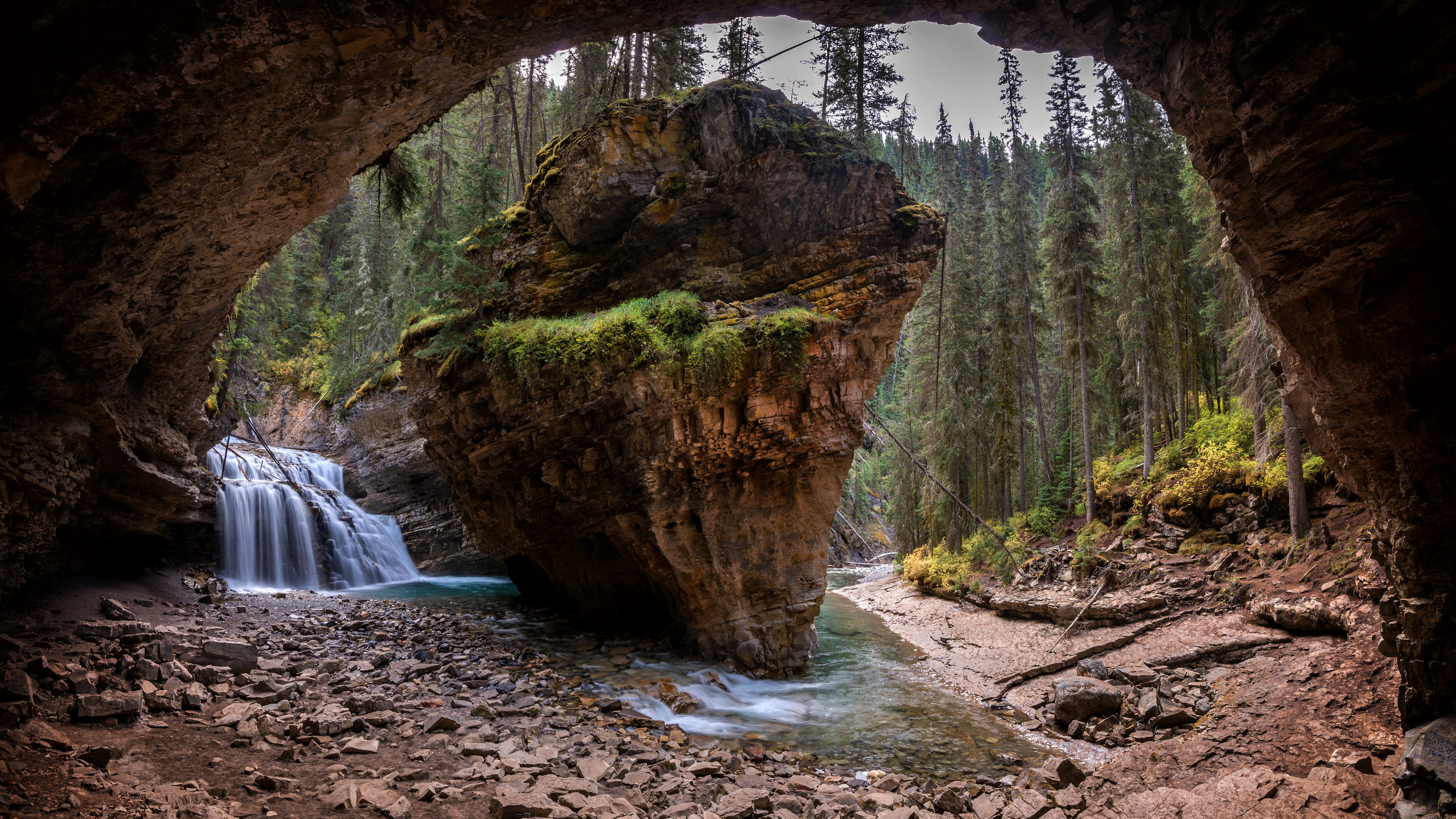 Canada Nature Rock Waterfall Forest Cave Water Stream Trees 3840x2160