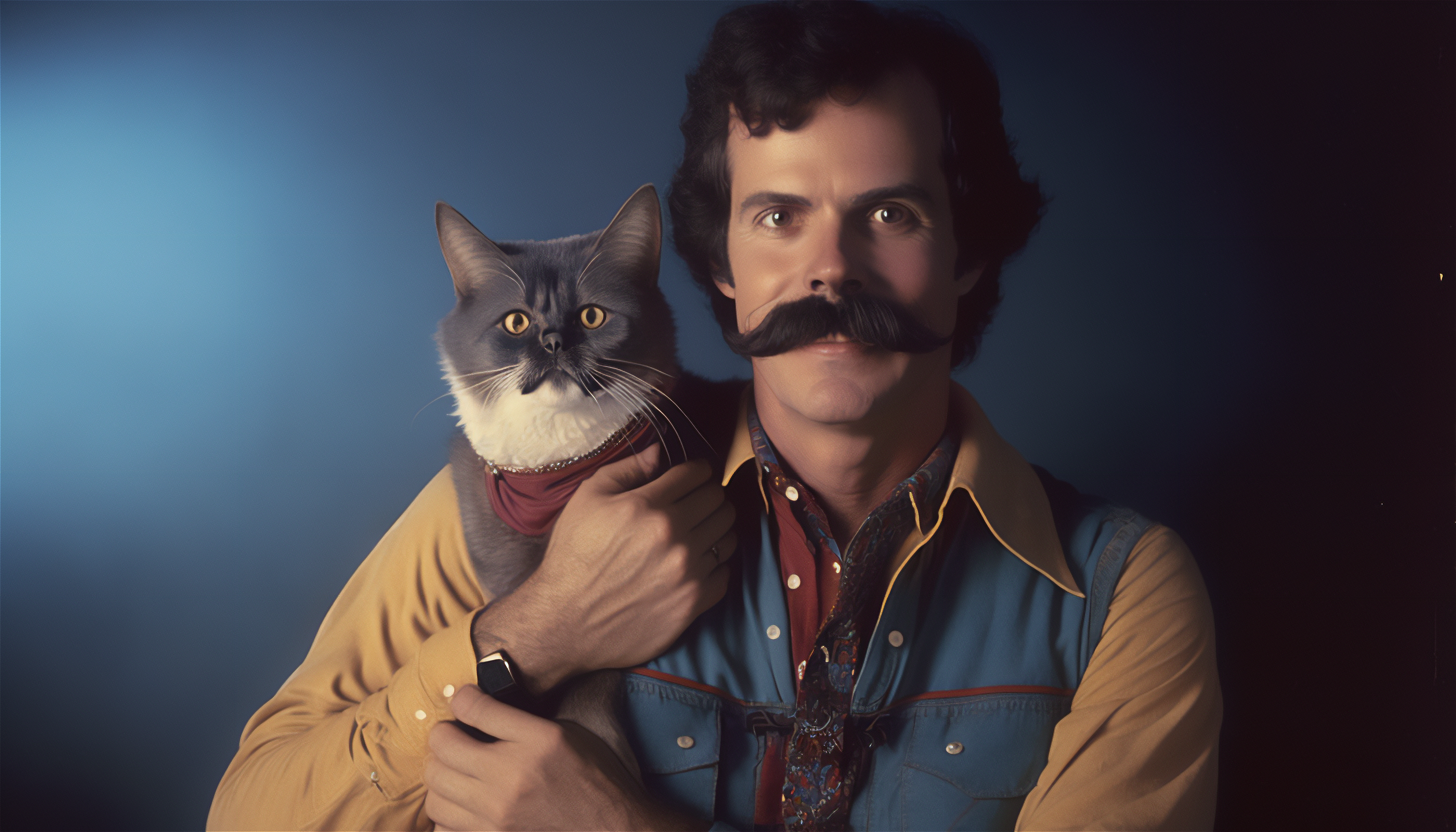 Ai Art Mustache Men Cats Portrait 1980s Face Looking At Viewer Simple Background 3136x1792