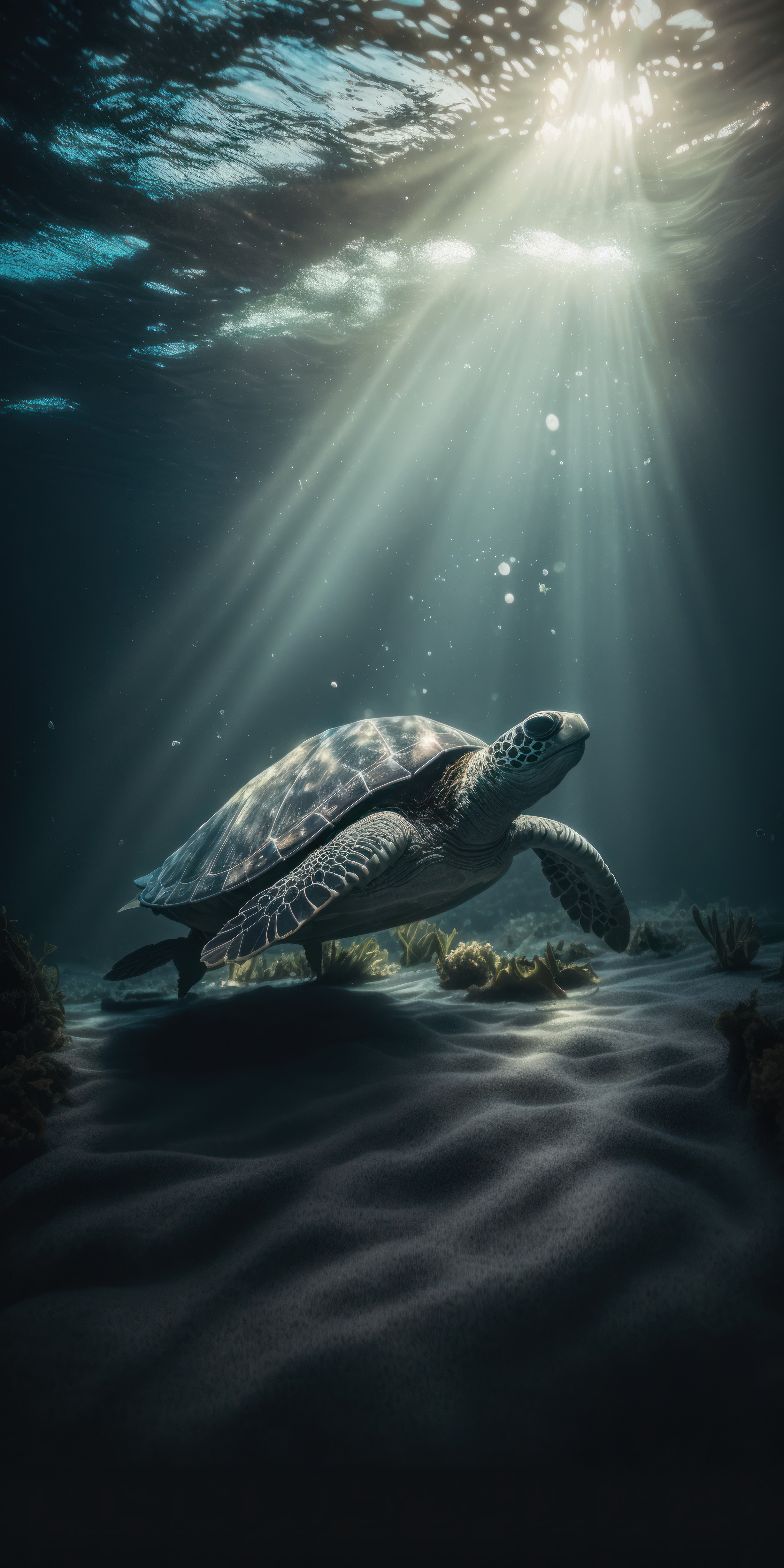 Ai Art Turtle Underwater Sea Floor Vertical Animals Water Nature In Water Sunlight 2454x4908