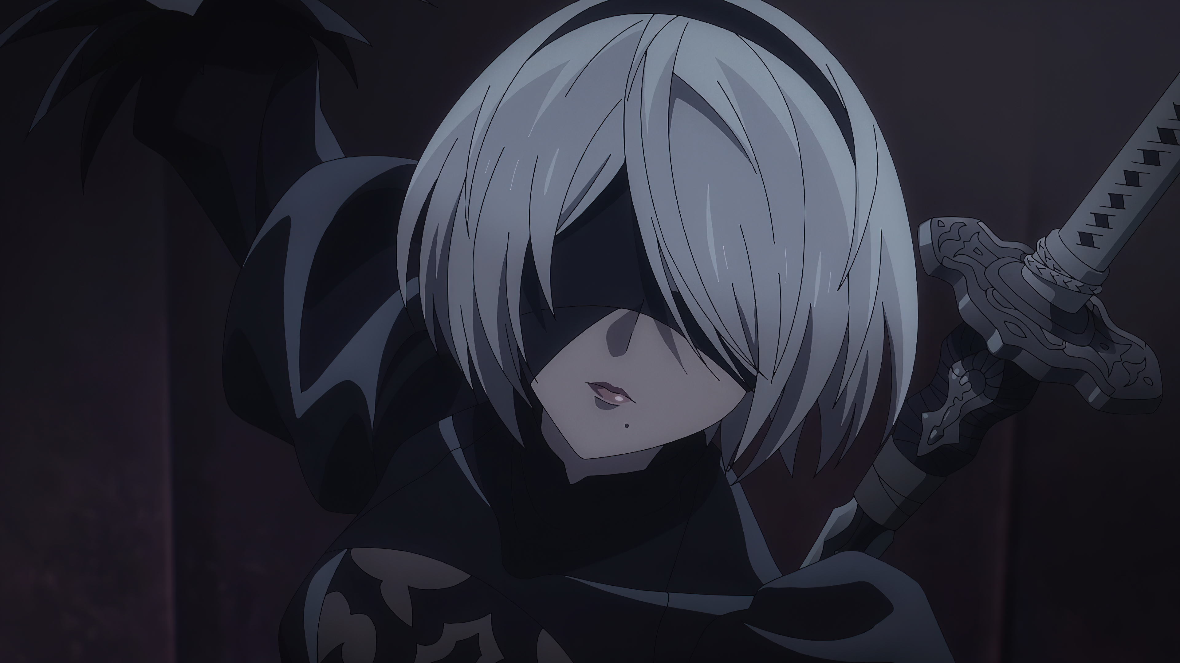 2B (Nier: Automata), 9S (Nier: Automata), anime, 4K, Nier: Automata, anime  boys, anime girls, blindfold, Anime screenshot