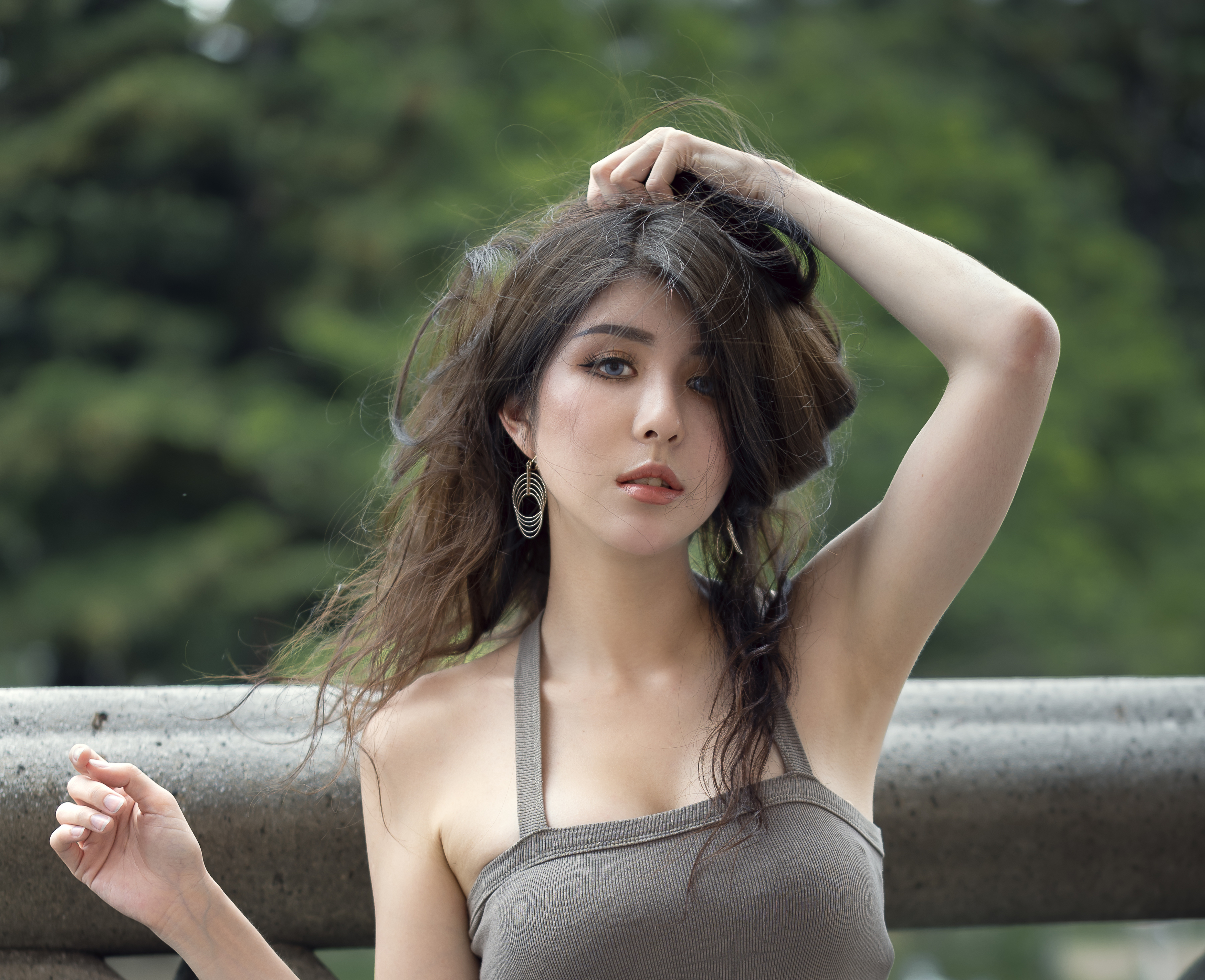Chou Hsuan Yung Women Asian Brunette Hands In Hair Messy Hair Brown Clothing Makeup Portrait Outdoor 3500x2847