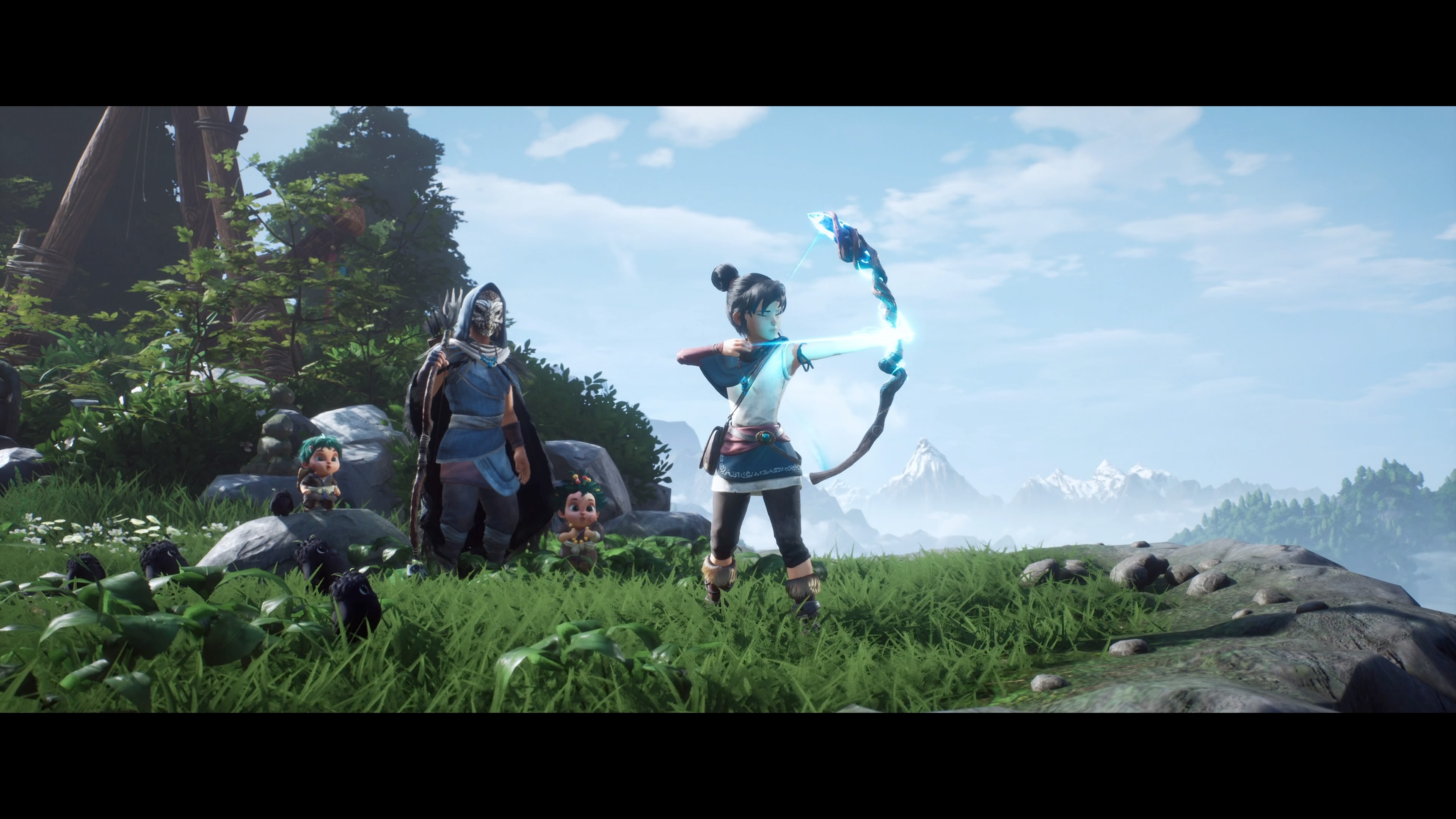 Kena Bridge Of Spirits Video Games Screen Shot Video Game Characters CGi Sky Clouds Leaves Grass Vid 3840x2160